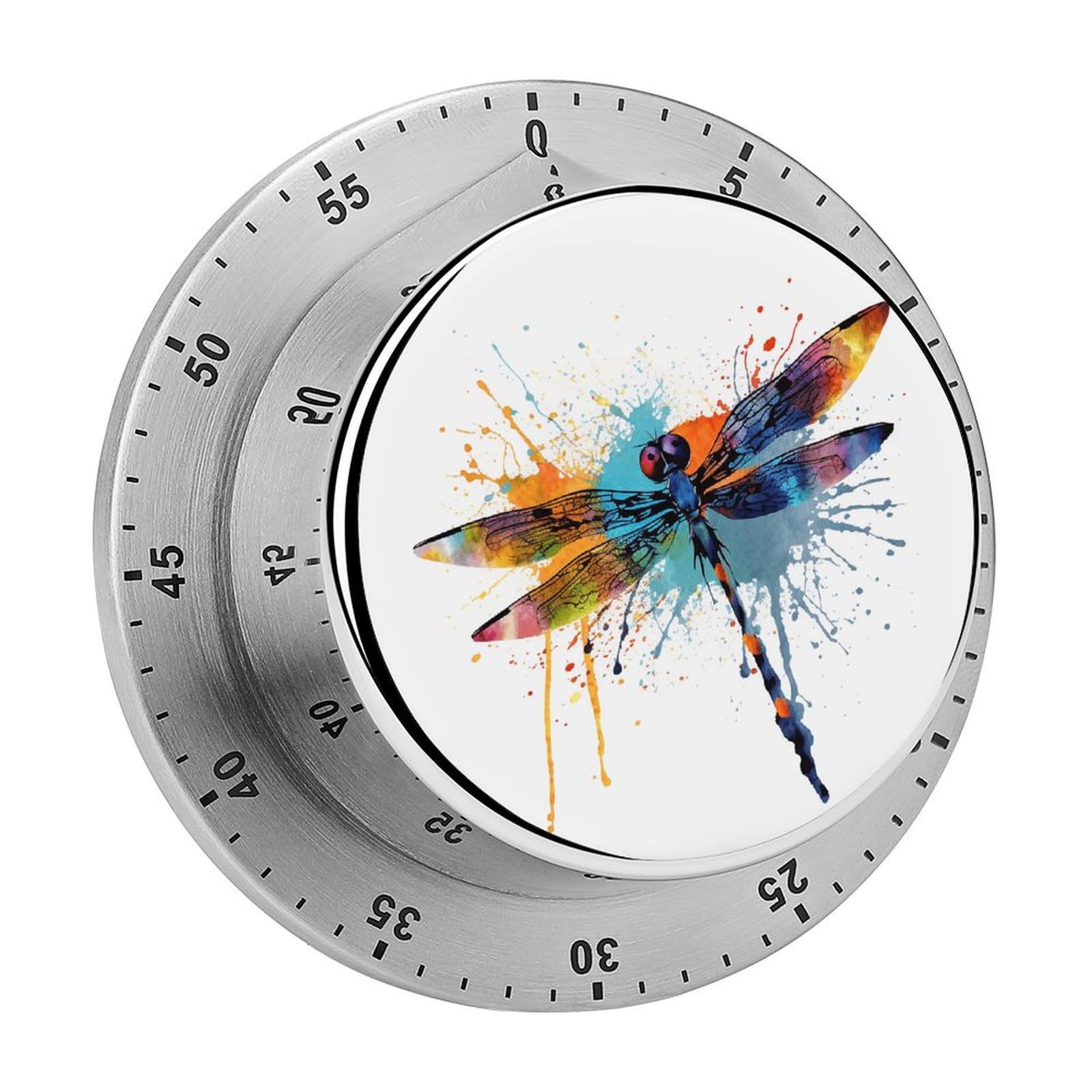 Mechanischer Edelstahl-Timer, Küchentimer, Farbspritzer, Libelle, bedruckt, Edelstahl, Countdown-Timer für Fitness-Projekte und Küchenaufgaben