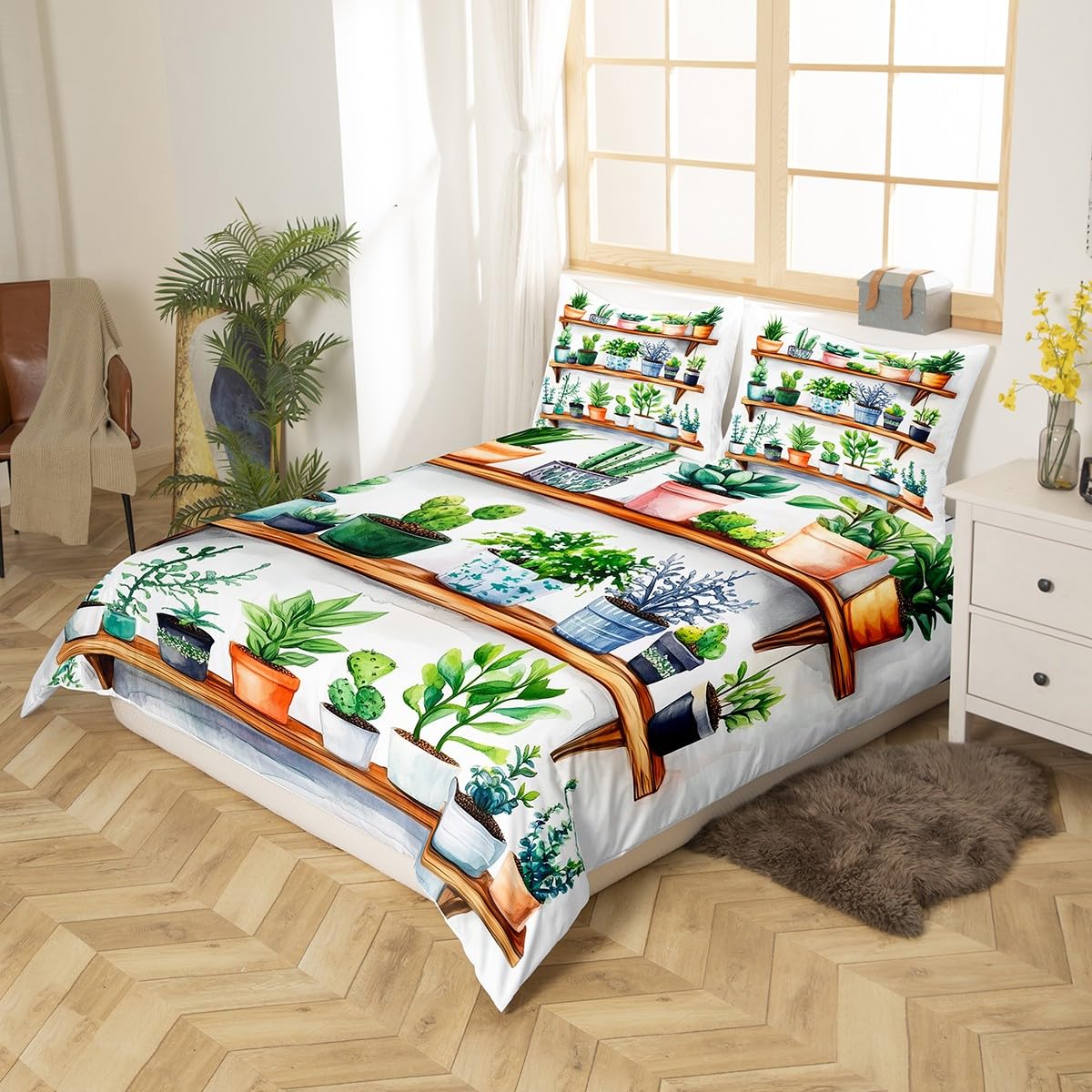 Plant Single Comforter Cover for Kids Country Green Plant Duvet Cover,Potted Plants Print Bedding Set Botancial Cactus Tropical Leaf Wooden Bed Set for Adults Room With 1 Pliiow Case - Image 2