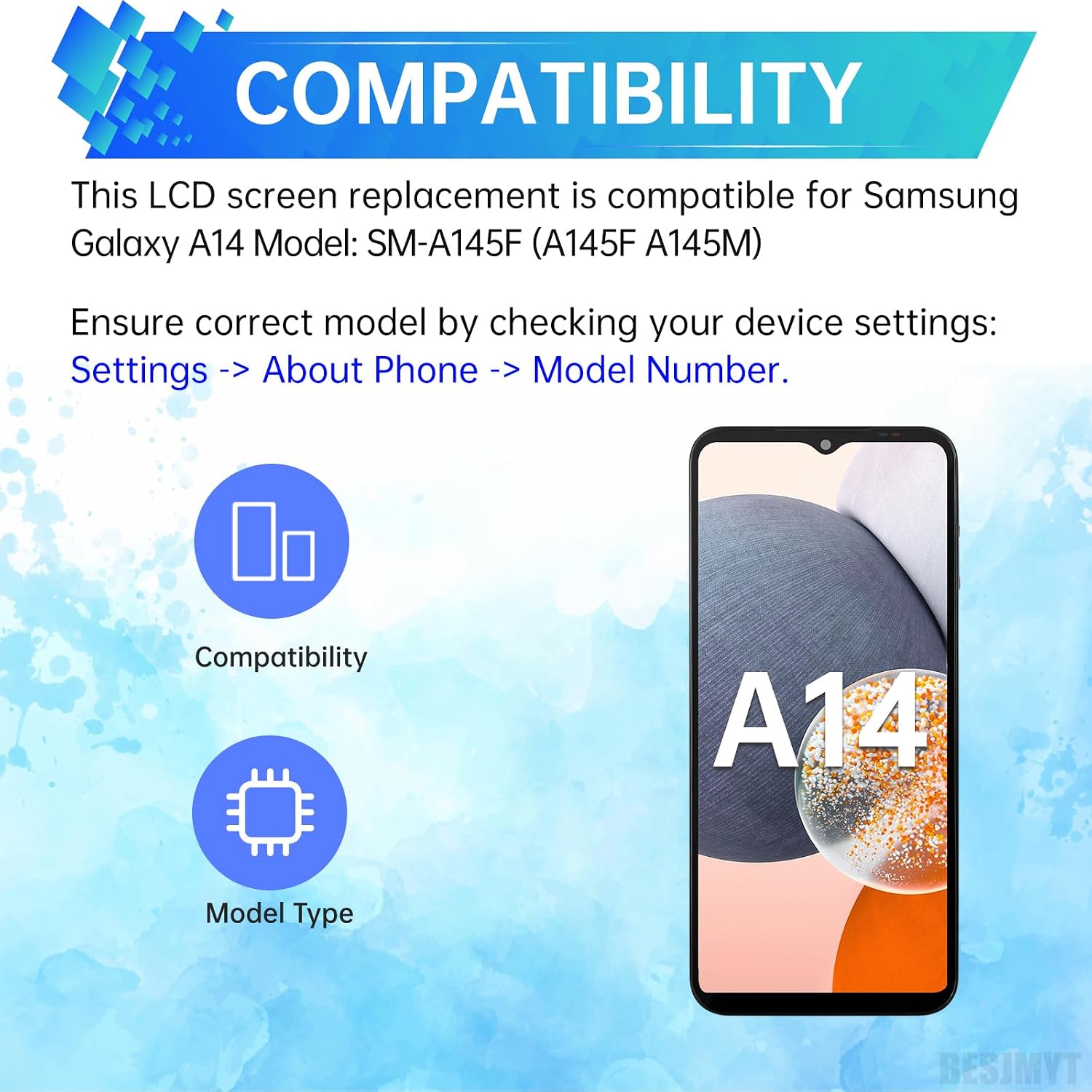 for Samsung Galaxy A14 Screen Replacement with Frame LCD Display Touch Digitizer Full Assembly and Side Button Ear Speaker Vibration Motor Glass Repair Tools Kit SM-A145F (A145F A145M)