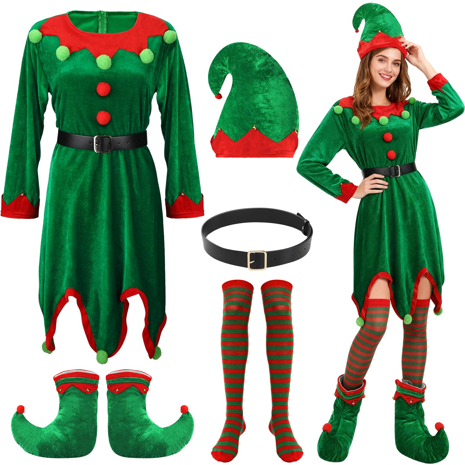 Beipegin Costume d'elfe pour femme - Robe de Noël - Bonnets d'elfe - Chaussures - Oreilles d'elfe - Chaussettes - Costume de Noël - Robe de Noël - Costume d'elfe de Noël