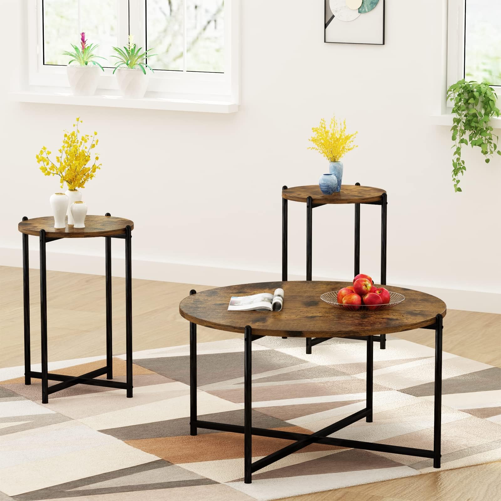 Amazon.com: 3 Piece Modern Coffee Table Set: Industrial Farmhouse ...