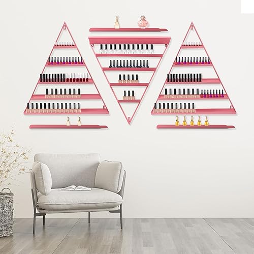 Miniatura 5 de Estante de almacenamiento de esmalte de uñas de metal para montar en pared, organizador de esmalte de uñas triangular de 5 niveles, soporte de