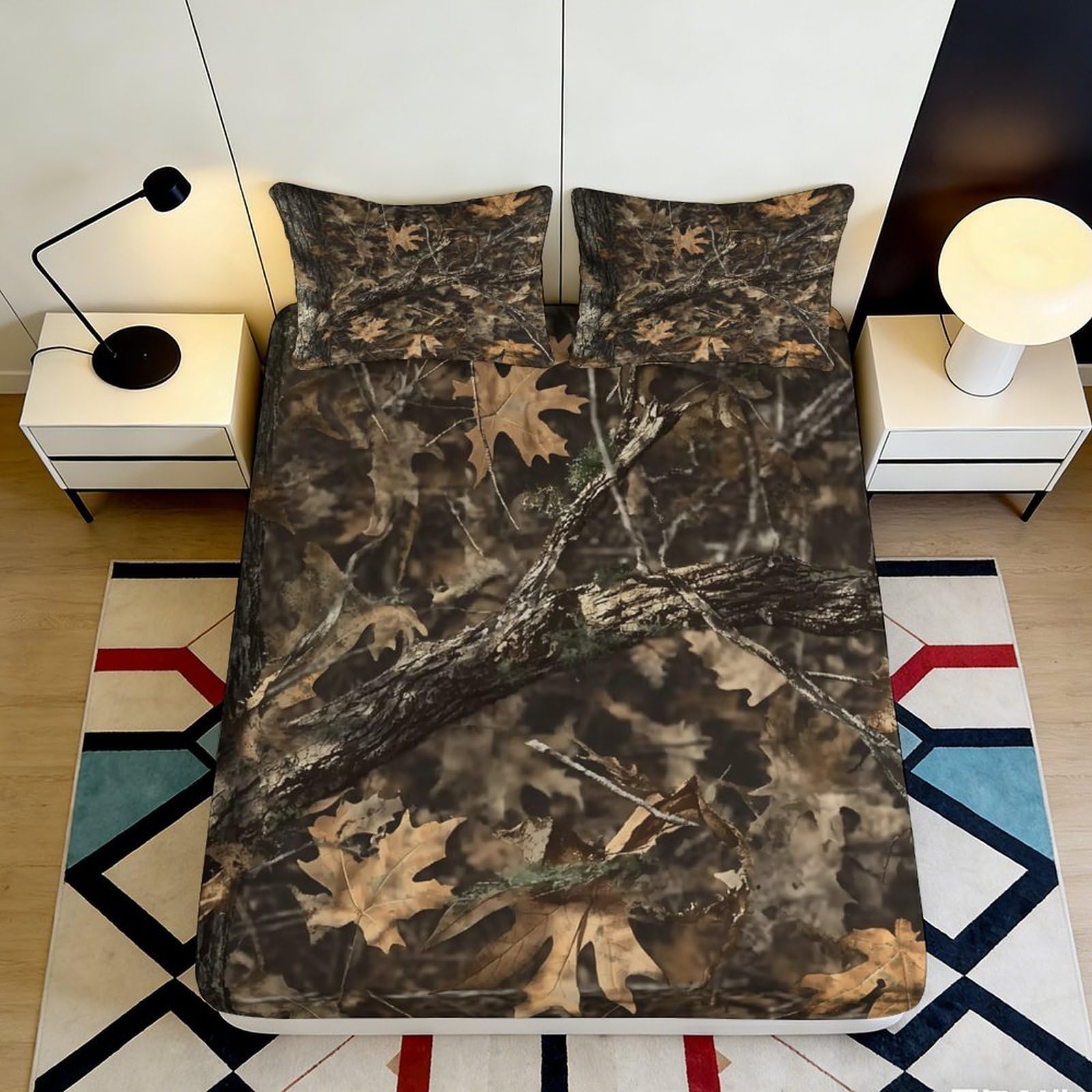 3D Printed Forest Camouflage Fitted Sheet Microfiber Soft Autumn Leaves Bed Cover for Bedroom Guest Room Decor 160x200x25cm