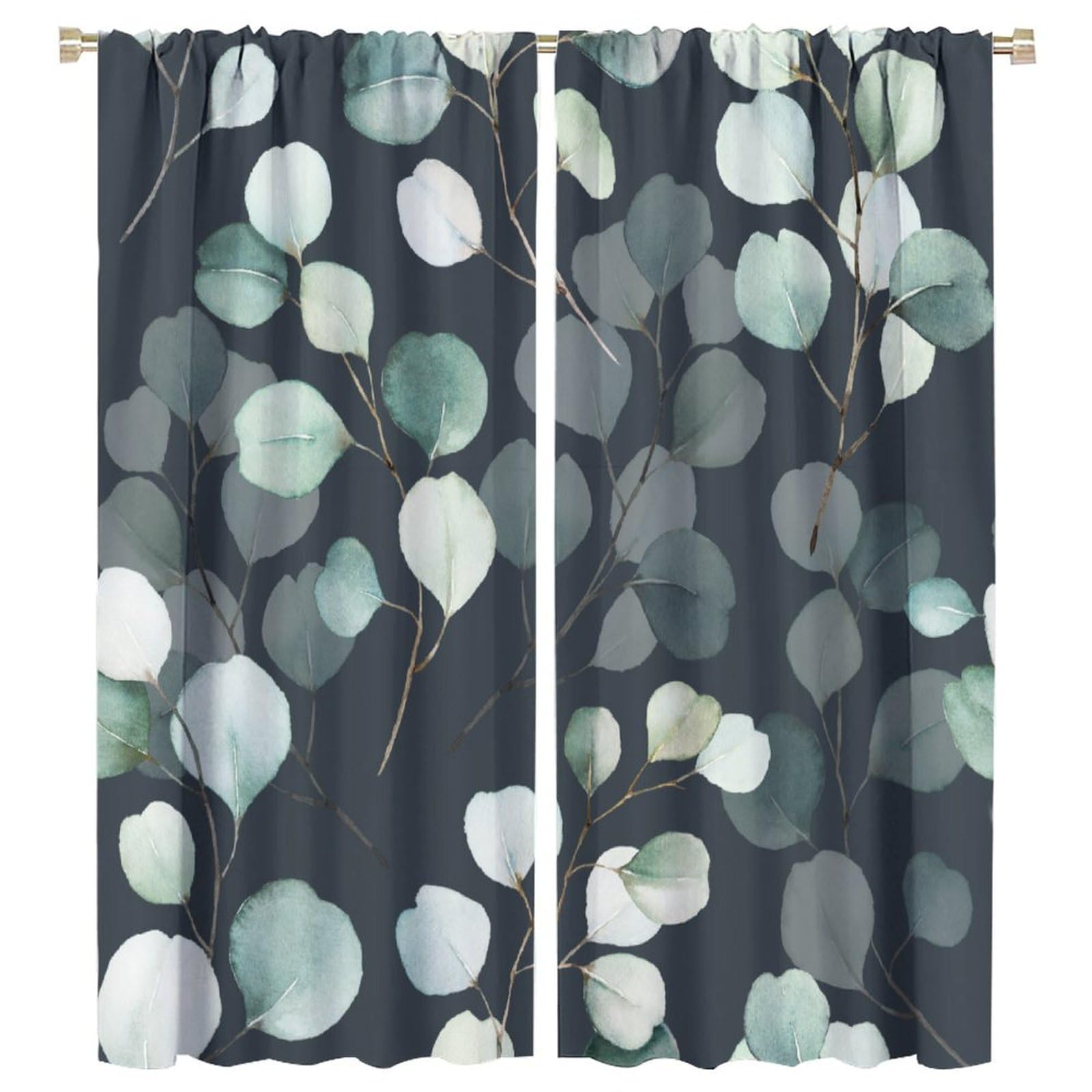 HZOHNAGO Eucalyptus Curtains Nature Botanical Green Leaves Pattern Black Background Blackout Print Rod Pocket Window Drapes for Bedroom Living Room 42x45in