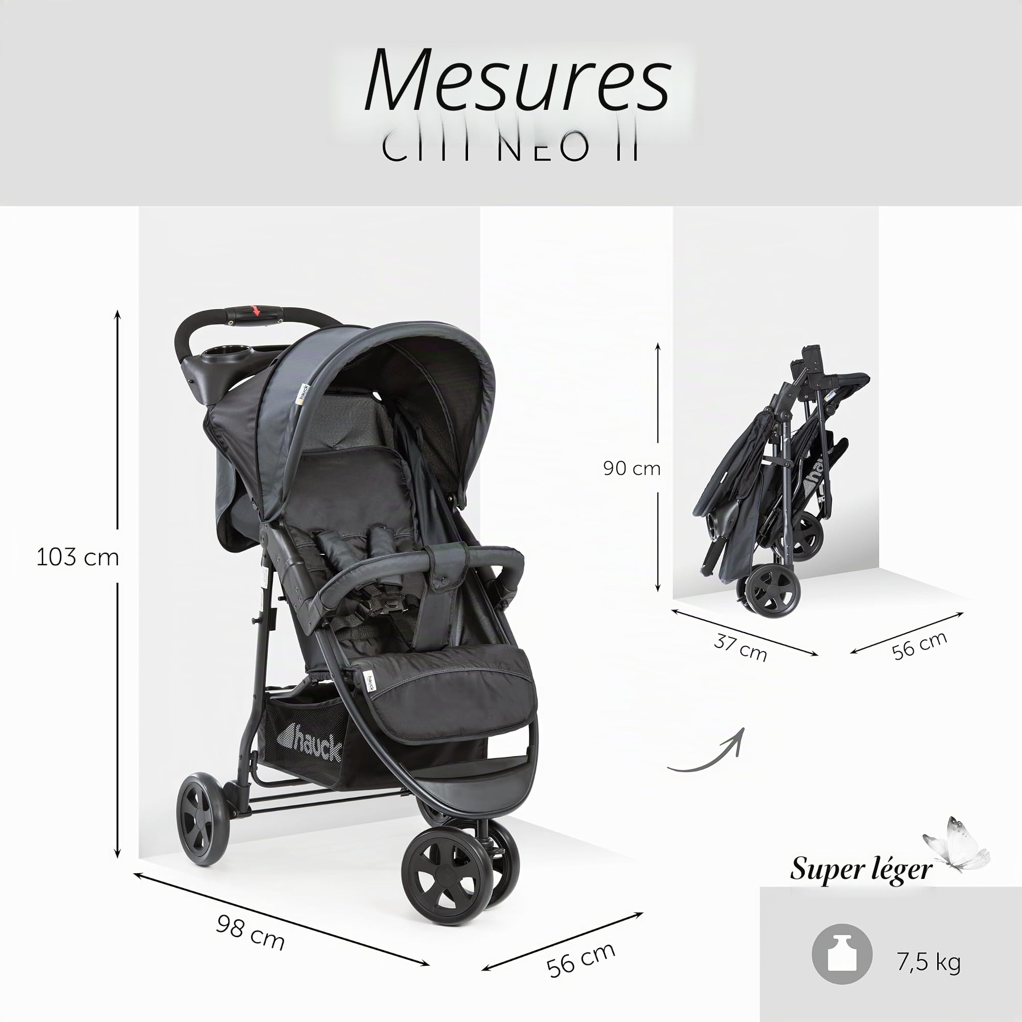 hauck Poussette Compacte 3 Roues Citi Neo 2, Inclus Volant Enfant, Housse de Pluie Poussette et Moustiquaire | Inclinable et Légère - Caviar Stone