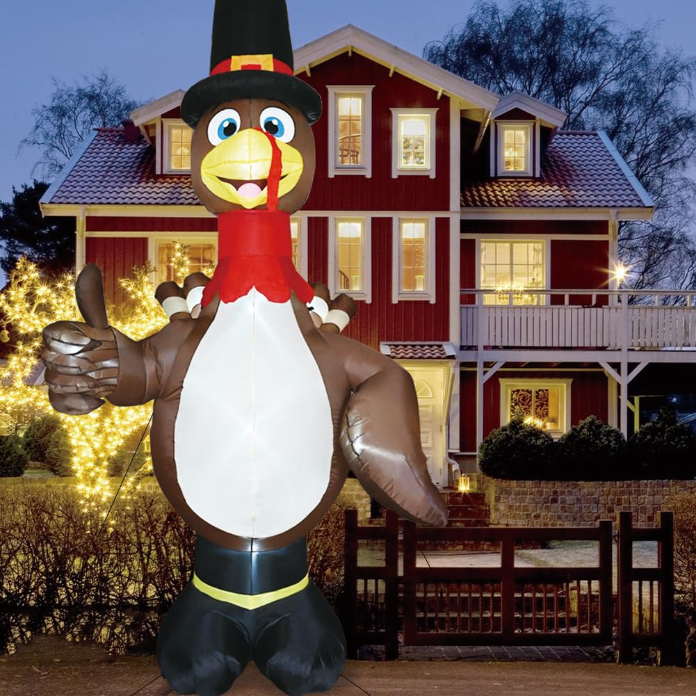 12 Foot Thanksgiving Inflatable Turkey, Giant Thanksgiving Inflatable Turkey with Pilgrim Hat Built-in LED Lights Blow up Turkey for Thanksgiving Fall Autumn Outdoor Indoor Party Holiday Decor