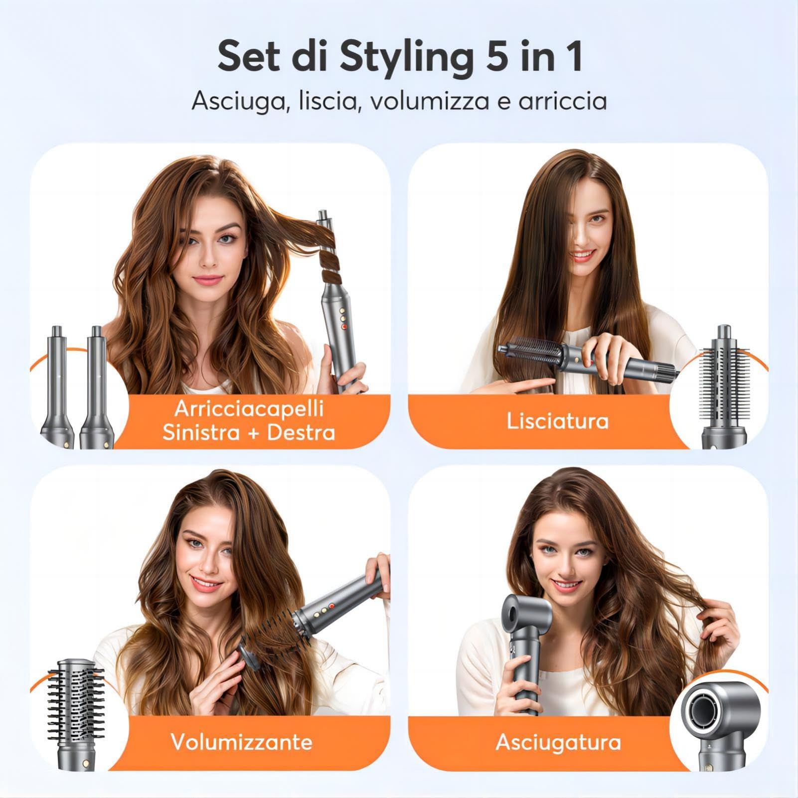 Bopcal Hair Styler 5 in 1 - Phon Capelli professionale 110000 RPM, Arricciacapelli Automatico, Spazzola Asciugacapelli e Spazzola ad Aria Calda con Ionico Negativi per Ricci, Volumizzante, Lisciante