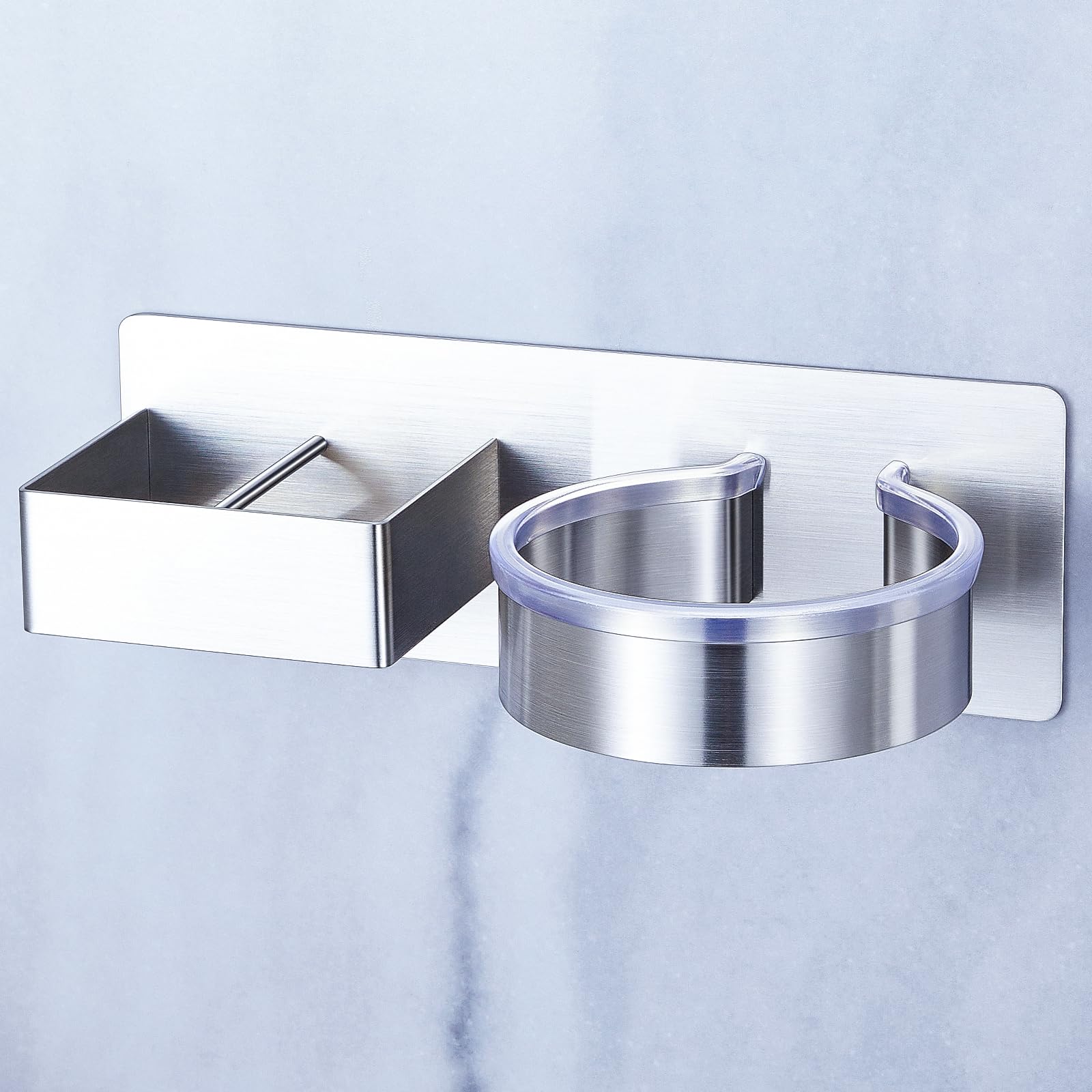 Support Sèche-cheveux Mural Sans Perçage - Inox - Adhésif Fort Pour Salle De Bain, Idéal Pour Fers à Lisser Aussi