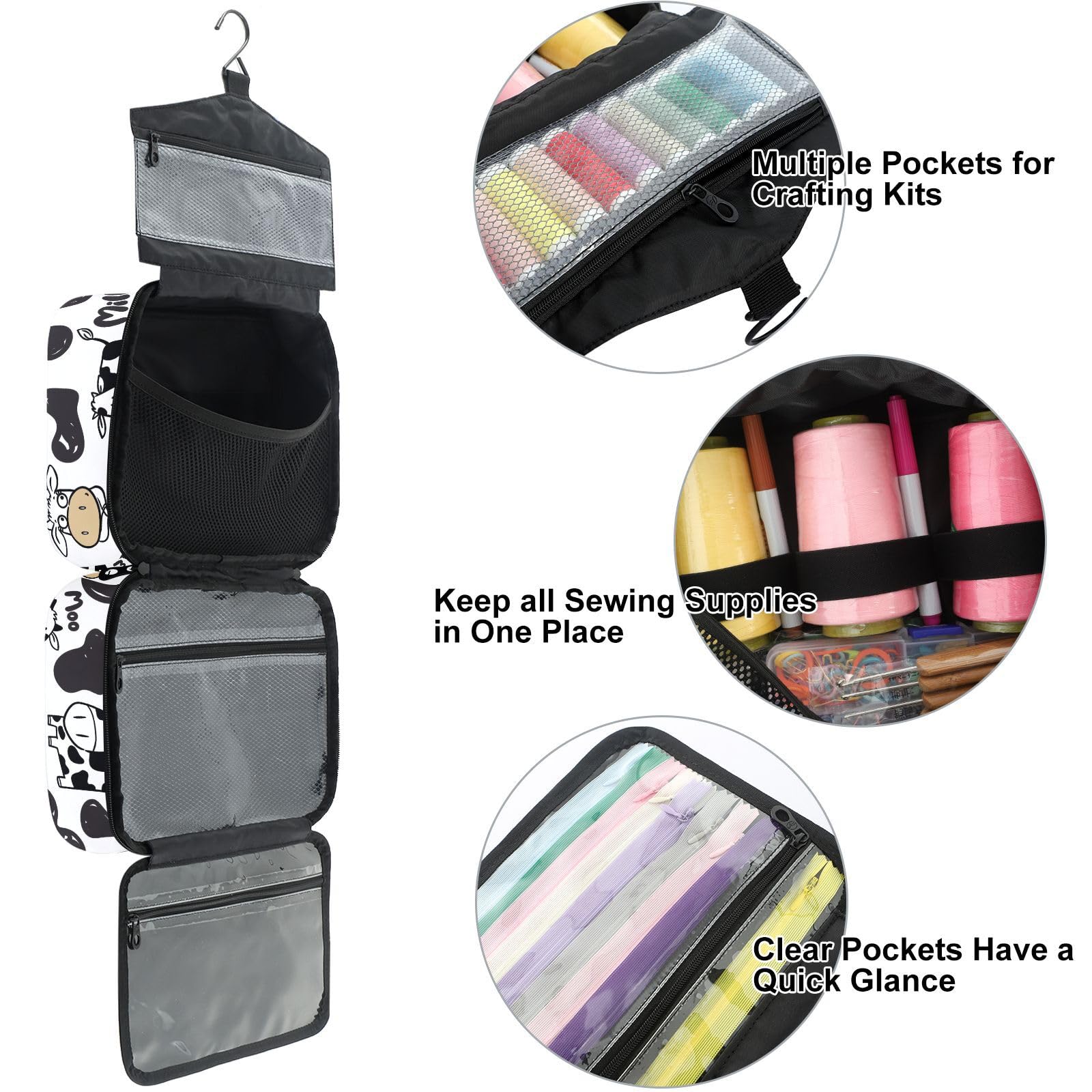 YNNALE Sewing Supply Organizer Bag, Black and White Cow Funny Milk Cows Portable Sewing Bags with Pockets&Hanger, Sewing Storage Box Case for Sew Supplies/Kit/Tools/Accessories (BAG ONLY)