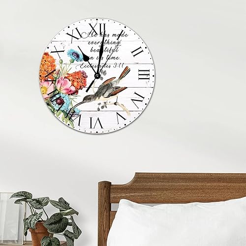 Miniatura 168 de ArogGeld He Made Everything Beautiful - Reloj de pared de PVC con flores rosadas, colibrí, reloj de pared grande con cita y números romanos, reloj
