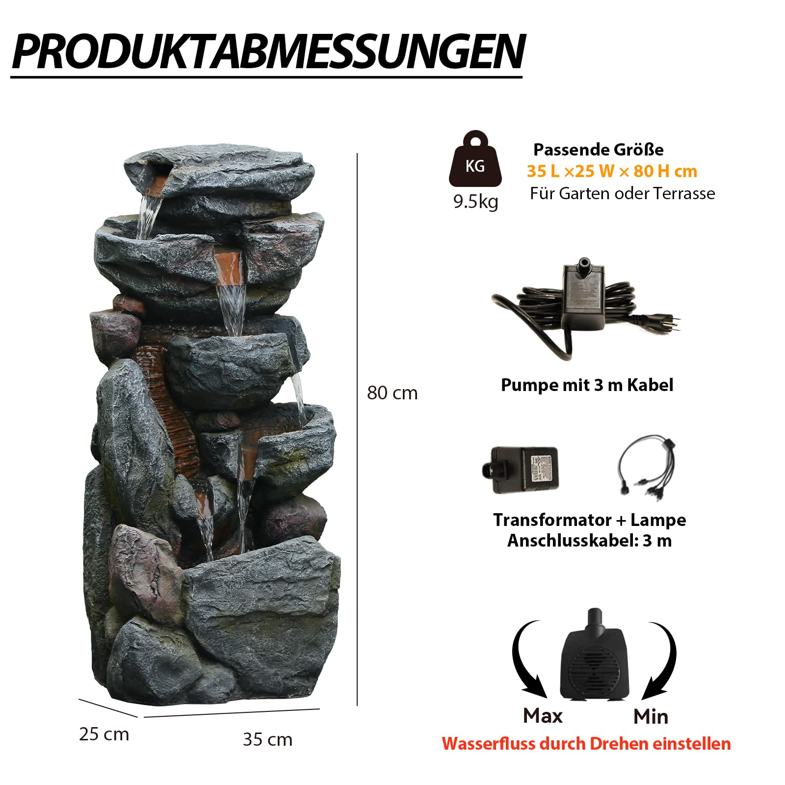 Bumilgar 5-stufiger Felsen-Springbrunnen für Innen- & Außenbereich, 80 cm hoher freistehender Garten-Brunnen mit Beleuchtung, Stein-Wasserfall für Terrasse, Balkon, Veranda, Wohnkultur, Grau