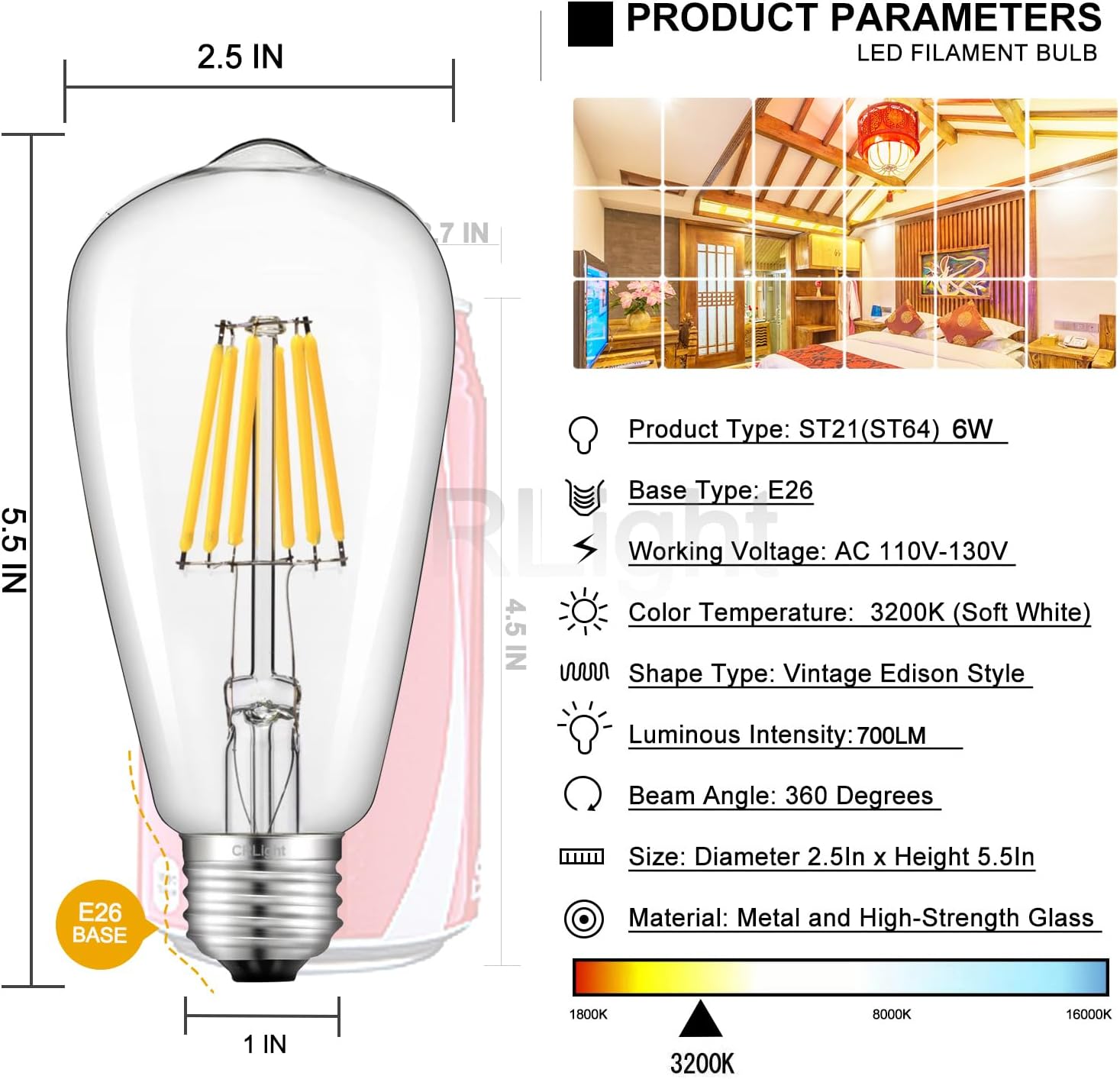 Soft White LED Vintage Filament Bulbs, Pack of 6