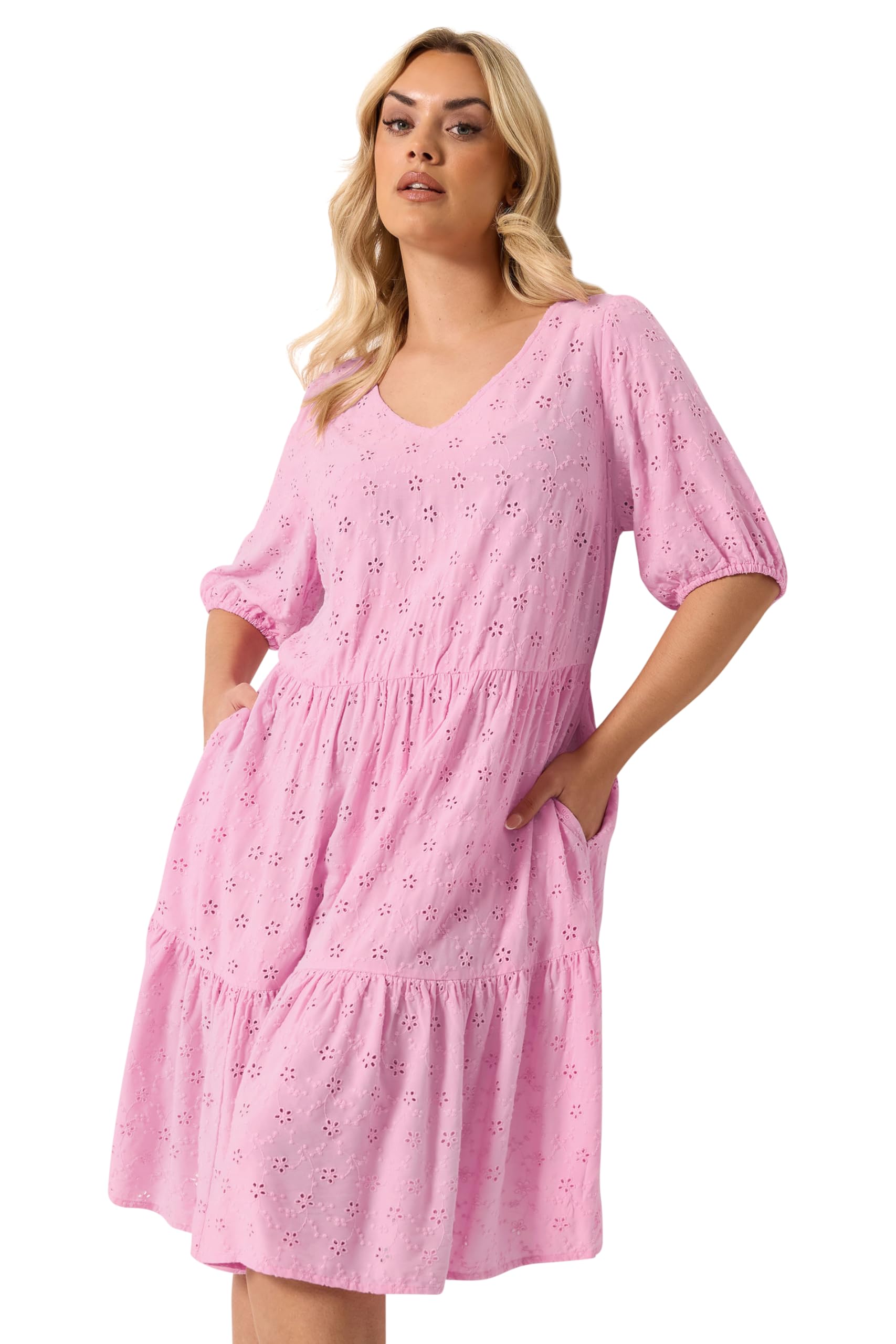 Yours Women's Baby Pink Broderie Anglaise Tiered Dress In | Size: 22-24