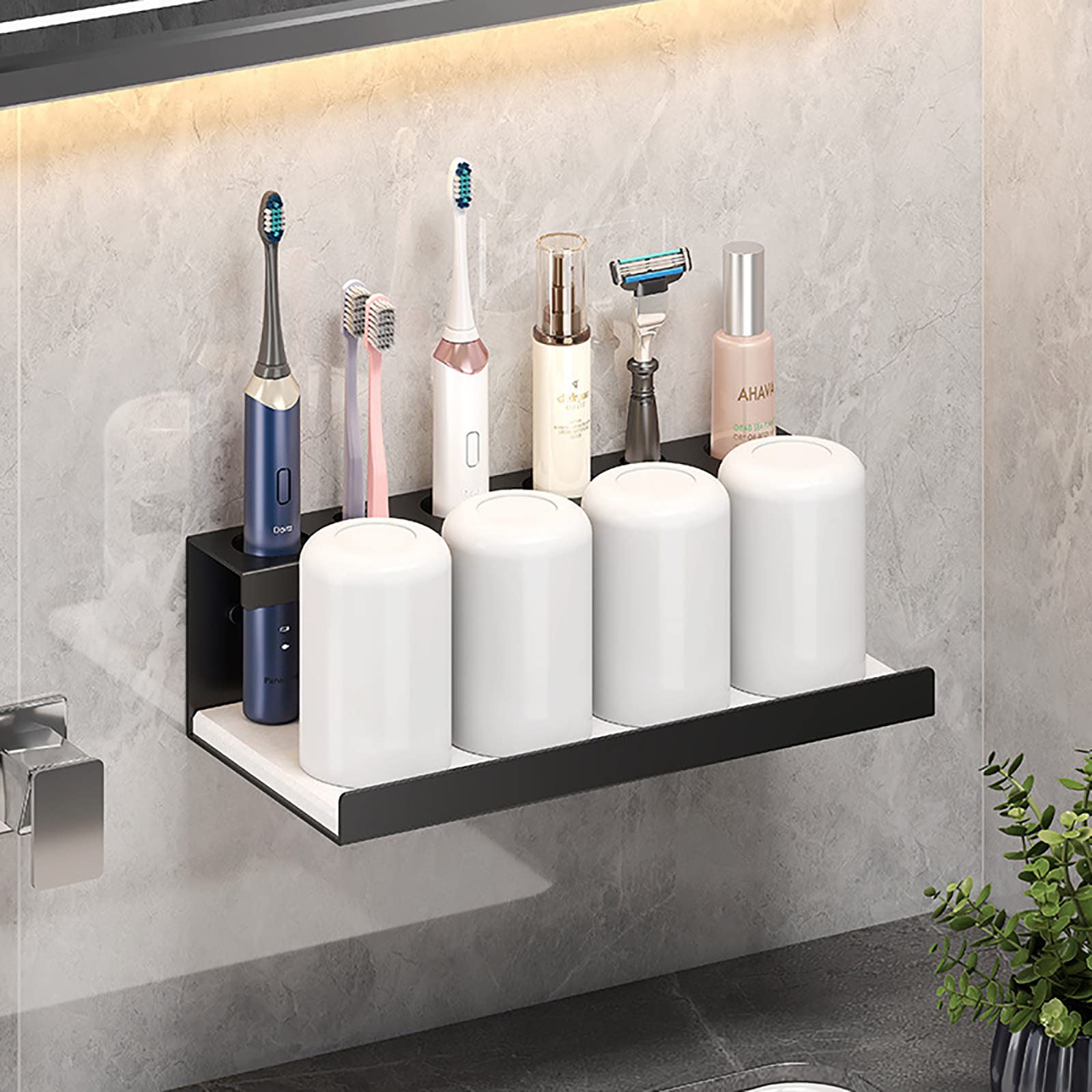 Porta Cepillo de Dientes, Soporte Cepillo de Dientes Eléctrico, Pared Estuche Cepillo Dientes con 4 Ranuras para Cepillos, Organizador Baño con Dispensador Pasta Dientes Negro