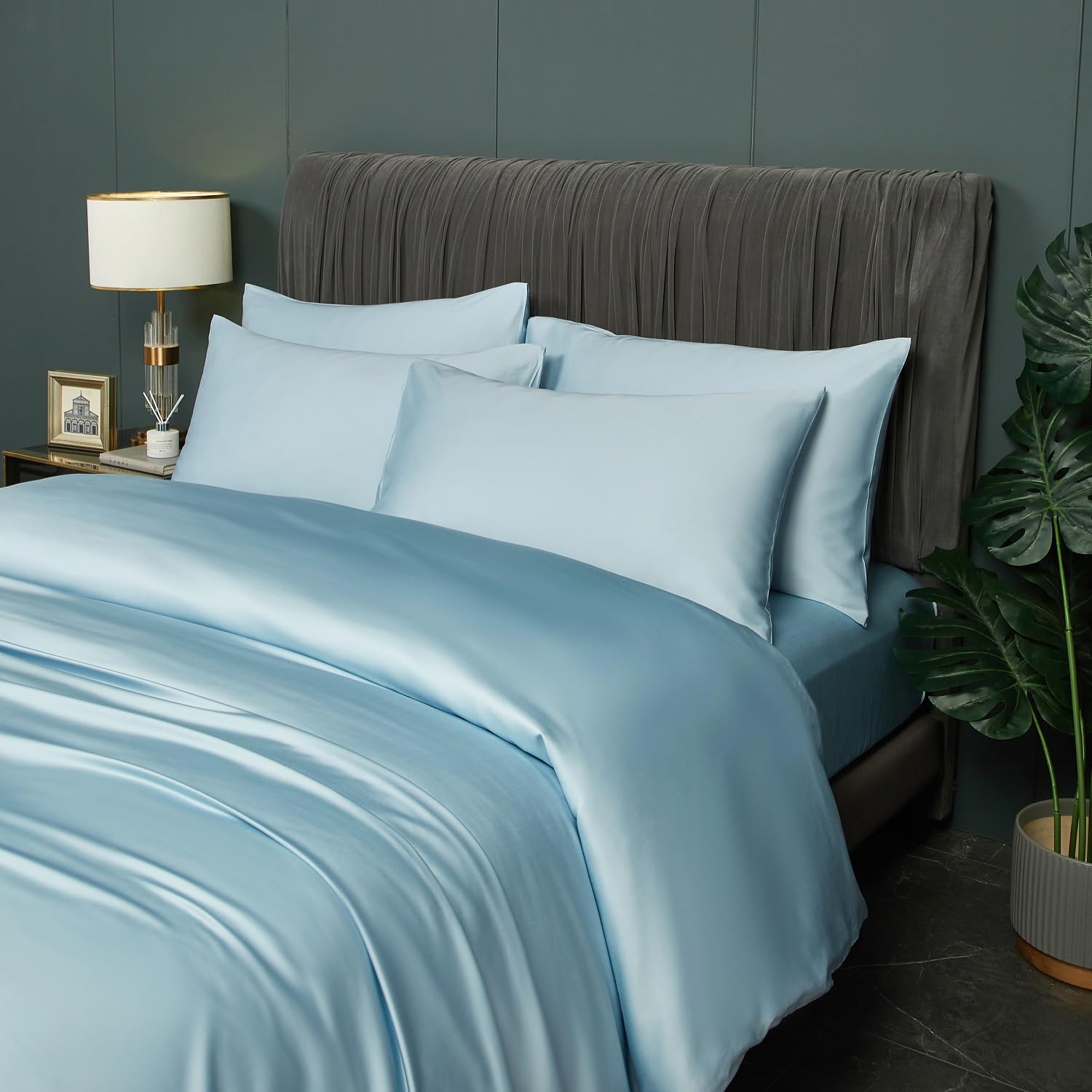Biancheria da letto in bambù, 135 x 200 cm, 4 pezzi, blu, azzurro, estate, inverno, raffreddante, in fibra di bambù Lyocell lucido, set di biancheria da letto e federe 80 x 80 cm