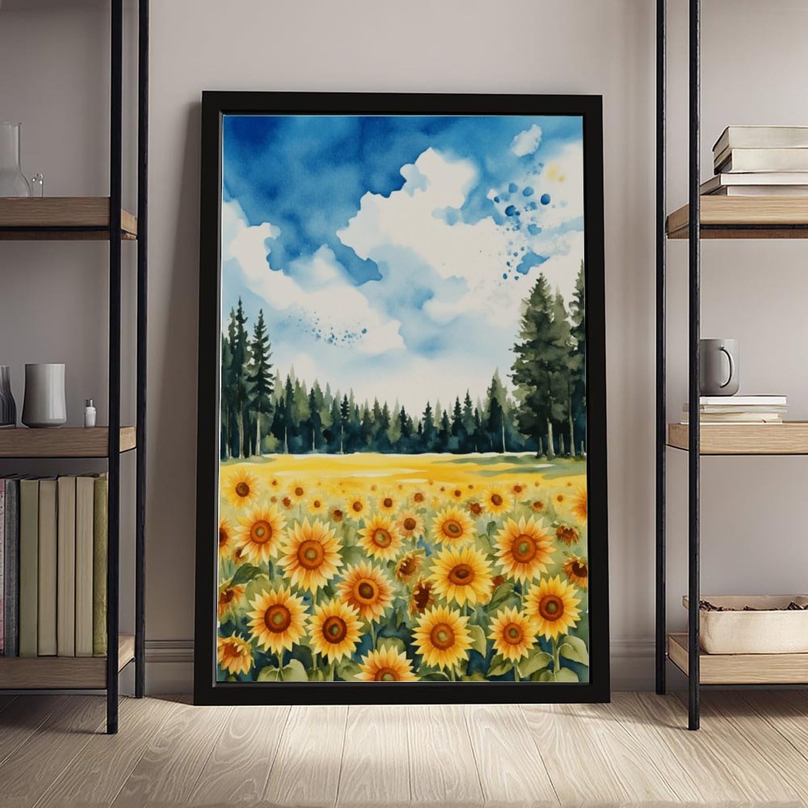 Mnyuein Póster de paisaje de verano de flores silvestres vibrantes, lienzo para decoración de pared, pinturas para sala de estar, dormitorio, marco negro, 30,5 cm de largo x 45,7 cm de ancho