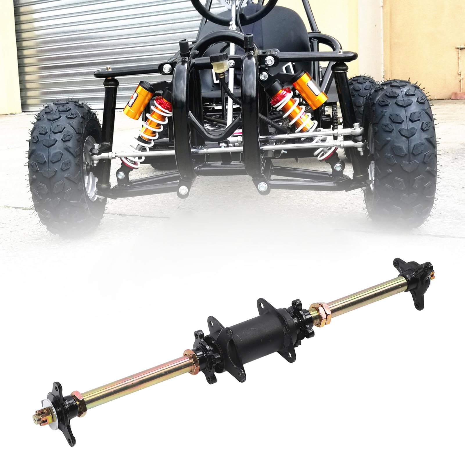 Sorandy Kit Completo del Eje Trasero para ATV, GO Kart, Quad, Axle PowerSports de 710 Mm, Aleación de Acero Galvanizada con Soporte de Fijación, GO Kart Drive Herramientas