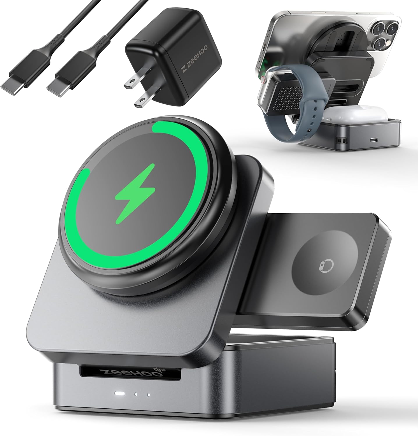 ZEEHOO 3-in-1 Foldable Magnetic Wireless Charging Station, Qi2 Certified 15W Travel Charger Stand Dock for iPhone 17/16/15/14/13/12 Series, Apple Watch, AirPods (30W Adapter Included)