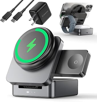 ZEEHOO 3-in-1 Foldable Magnetic Wireless Charging Station, Qi2 Certified 15W Travel Charger Stand Dock for iPhone 17/16/15/14/13/12 Series, Apple Watch, AirPods 30W Adapter Included