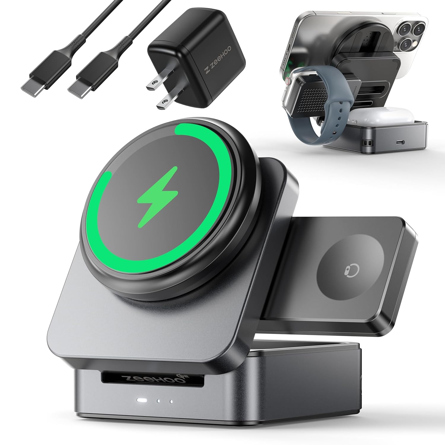 ZEEHOO 3-in-1 Foldable Magnetic Wireless Charging Station Qi2 Certified 15W Travel Charger Stand Dock for iPhone 17 16