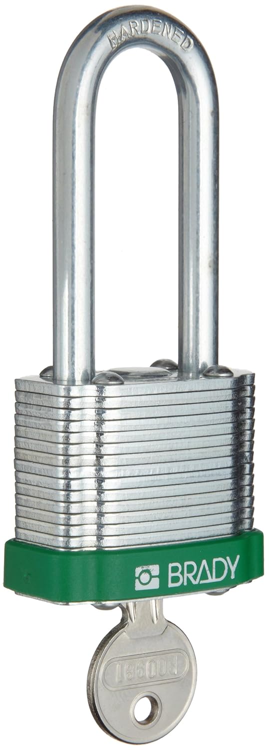 Brady Steel Lockout/Tagout Padlock, Keyed Alike, 1-1/3" Body Length, 2" Shackle Clearance, Green (Pack of 6)