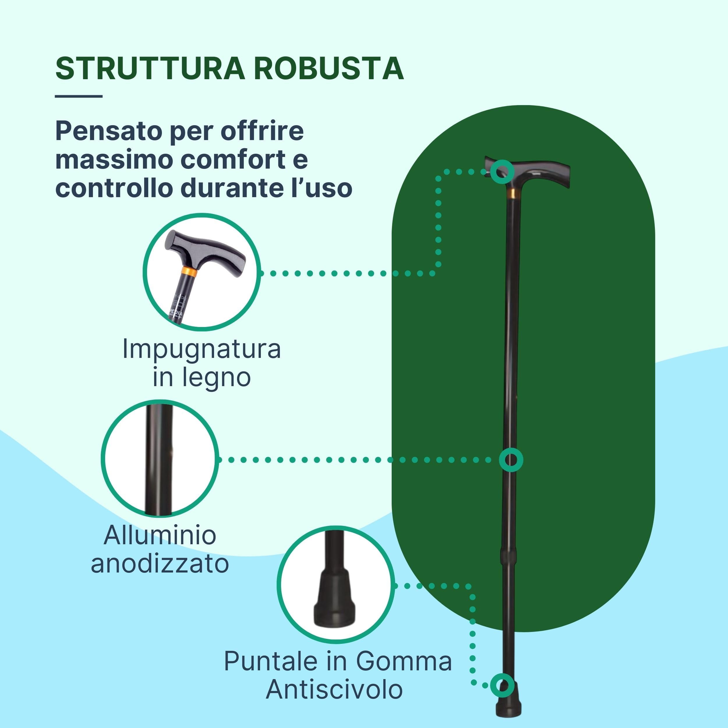 Bastone per Anziani Pieghevole in Alluminio Anodizzato con Impugnatura in Legno, Bastone da Passeggio Regolabile Nero Lungo o Corto