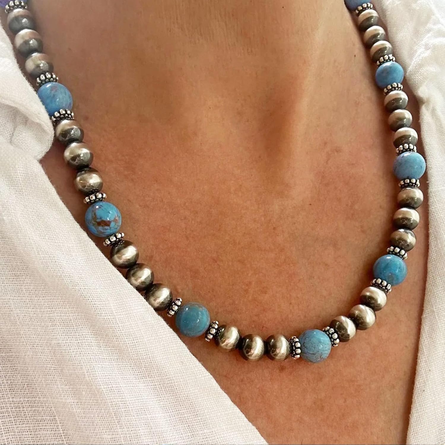 4 PCS Western Turquoise Jewelry for Women Boho Vintage Navajo Pearl Necklace Earring Bracelet Ring Set Country Cowgirl Accessories for Gift - Image 2