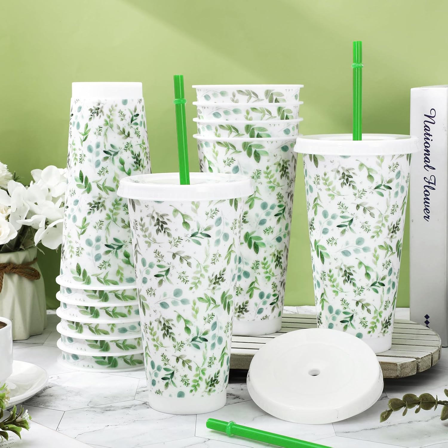 JarThenaAMCS 12Pcs Eucalyptus Plastic Cups with Straw and Lid Sage Green Leaves Tumbler Cold Cups for Spring Baby Shower Wedding Birthday Party Decoration Supplies - Image 3