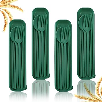 4 Sets Reusable Utensils Set with Case,Camping Cutlery Set Travel Silverware Set with Case Lunch Utensils Set for Work,Utensil Sets for Lunch Picnic Daily Use Outdoor Darkgreen
