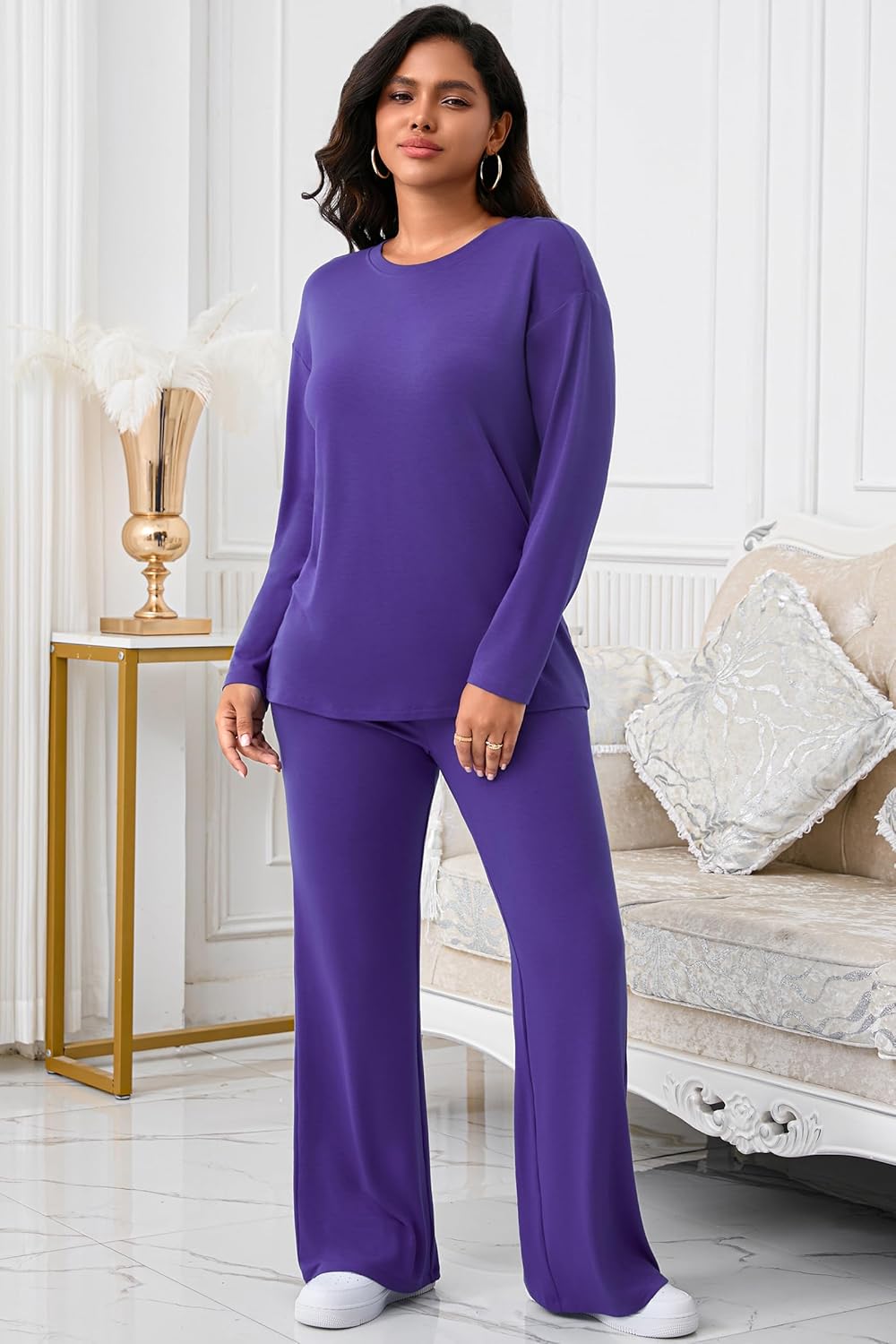 CLOCOR Womens 2 Piece Outfits Sweatsuits - Tracksuit Set Long Sleeve Crop Top & Drawstring Wide Leg Pants with Pockets - Image 3