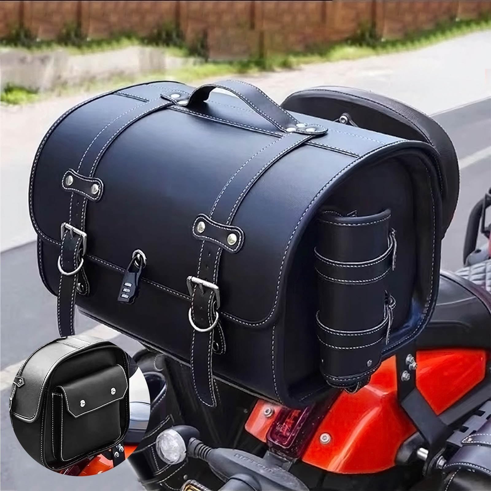 Baúl Moto para Harley Davidson Custom 1200, Bolsa Impermeable de Motocicleta, Herramienta de Cuero, Robusto, A-Black