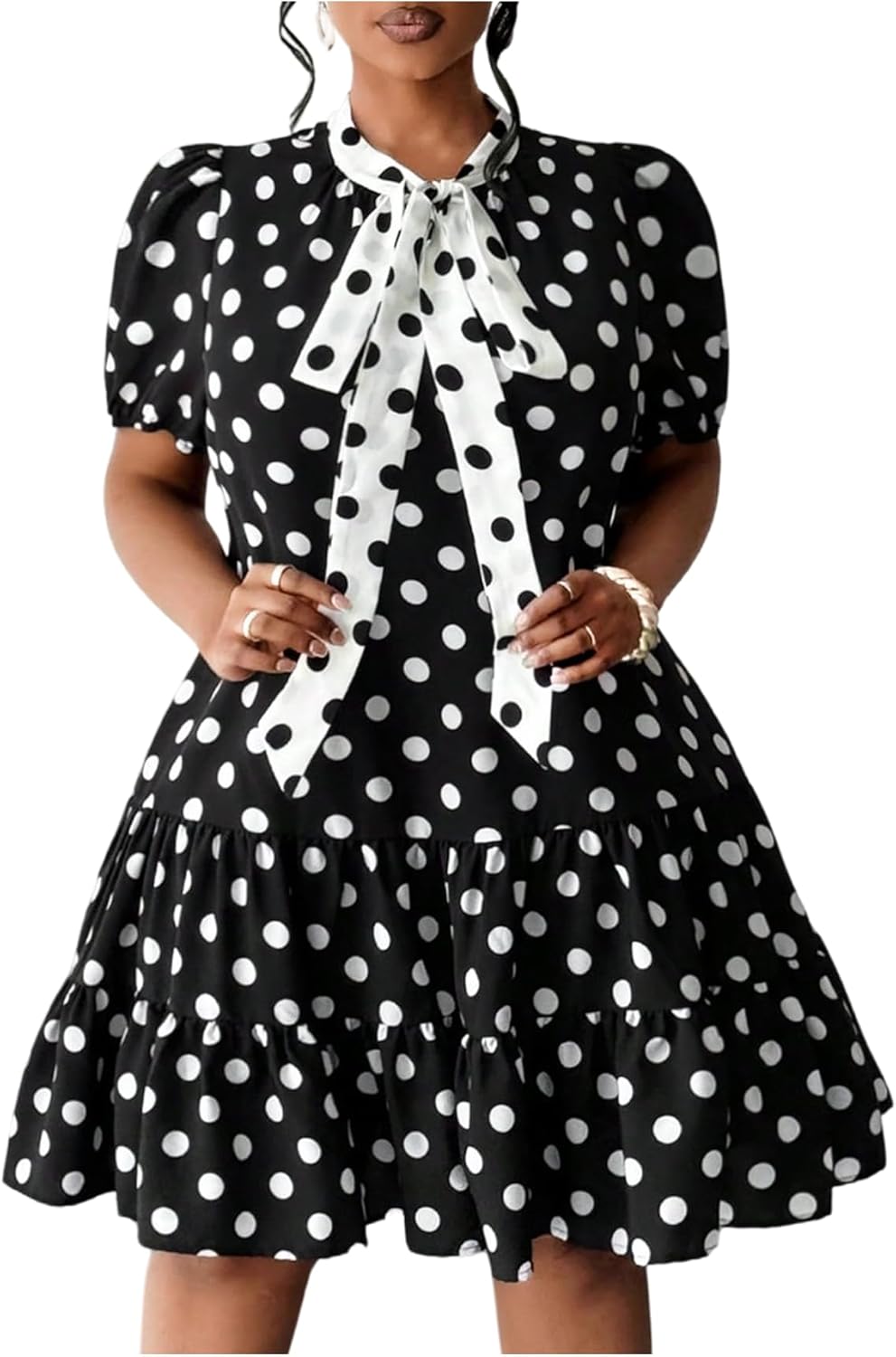 WDIRARA Women's Plus Size Polka Dots Bow Tie Short Dress Puff Sleeve Ruffle A Line Dresses