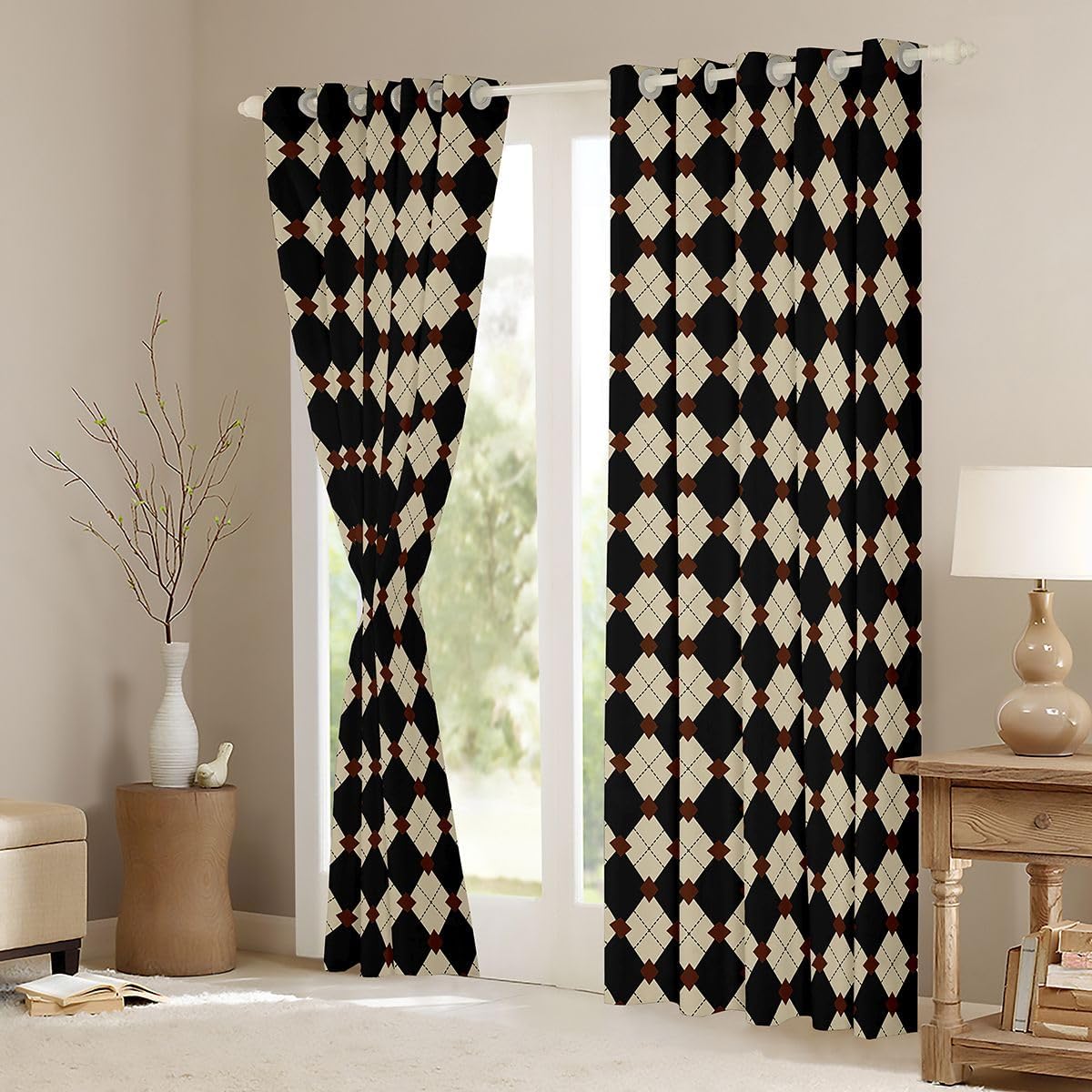 Feelyou Plaid Blackout Curtains Checkered Printed Darkening Drapes for Bedroom Living Room Decor Maze Lattice Thermal Insulated Shades Stylish Lines Window Treatments, 2 Panels 52 x 63 Inch