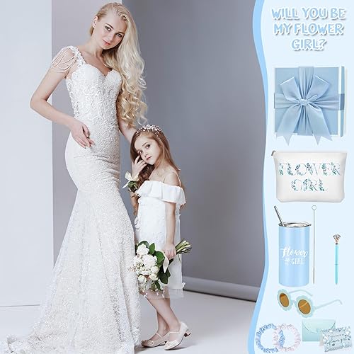 Miniatura 7 de Sieral Juego de 9 regalos de propuesta para niña de las flores, vaso personalizado con pajita, caja de regalo para novia, bolsa de lona, lentes de