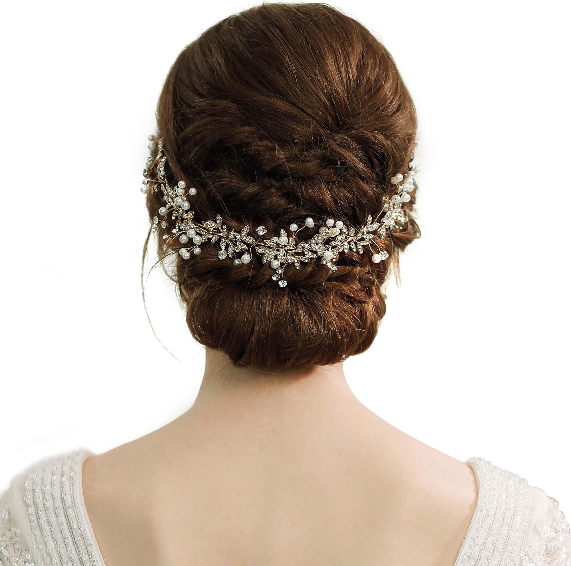 (Gold) - Crystal Wedding Headpiece Hair Vine Bridal Headband Bridesmaid Hairband Crystal Floral Leaf Forehead Band with Lace Ribbon Gold