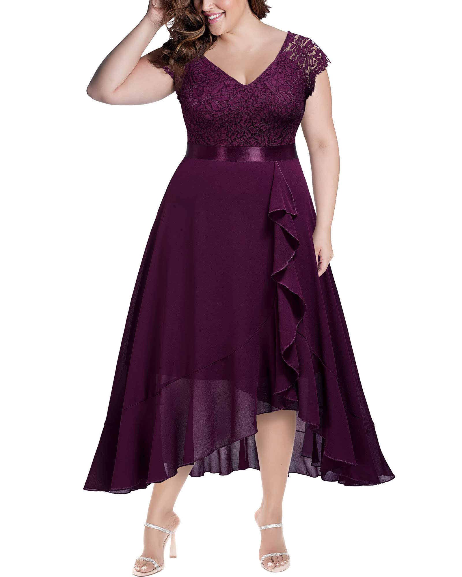 Miusol Women's Plus Size V Neck Floral Lace Ruffle Asymmetrical Hemline Elegant Bridesmaid Maxi Dress