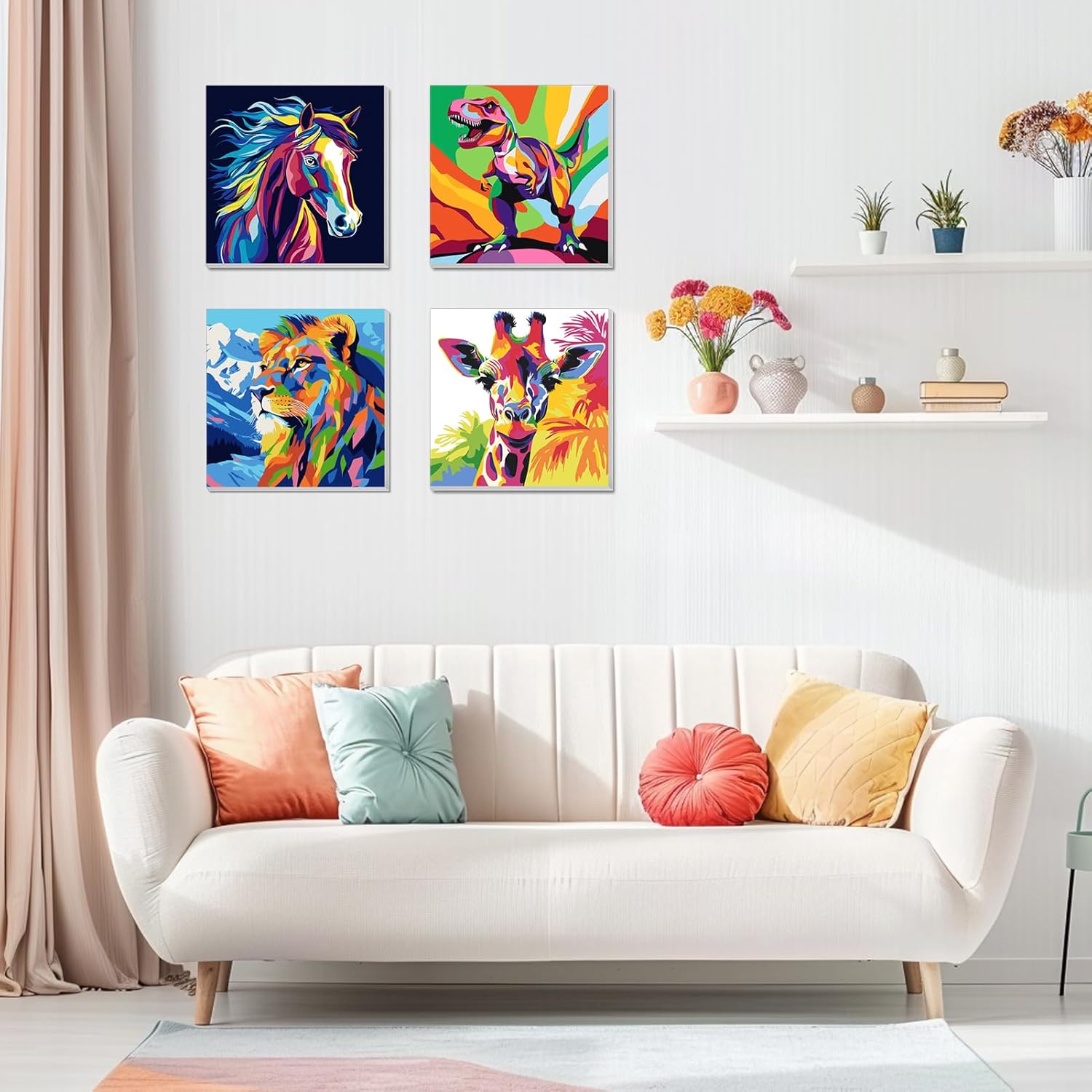 AILIBUT 8 Pack Paint by Numbers Kit for Kids Ages 8-12, Horse Dinosaur Color by Number Painting Kits with Framed Canvas, DIY Art Supplies for Beginners, Fun Educational Craft Kits, 8x8 Inch