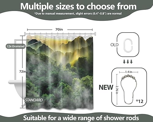 Miniatura 8 de Cortina de ducha Misty Forest Mountain Nature Scenic Green para decoración de baño, tela impermeable con ganchos, 70 pulgadas de ancho x 72 pulgadas