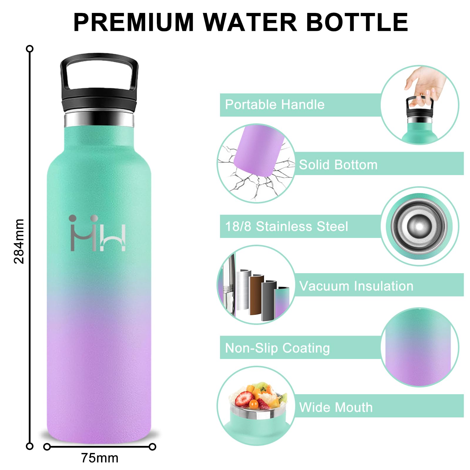 Borraccia, Borraccia Termica 750 ml, Senza BPA, Borraccie con Cannuccia, Senza Perdite, Borraccie Acciaio Inox, Acciaio Inossidabile 18/8, Borracce Metallo per Escursionismo, Campeggio, Yoga, Ufficio
