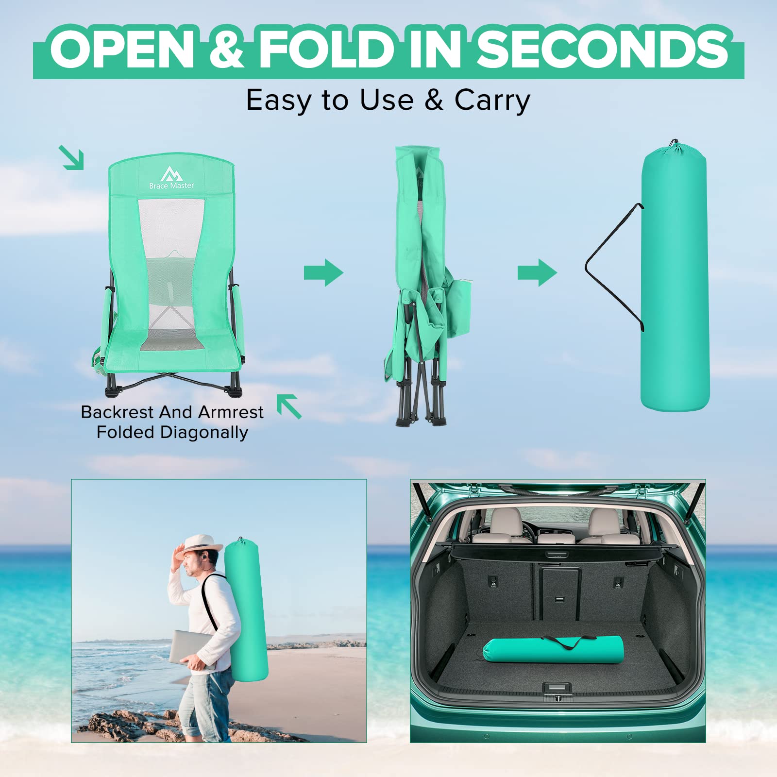 Brace Master Sedia da Spiaggia Campeggio Pieghevole, Schienale Alto Sedia Pieghevole con Portabicchieri, Dispositivo di Raffreddamento E borsa per Telefono per Giardino Campeggio Spiaggina