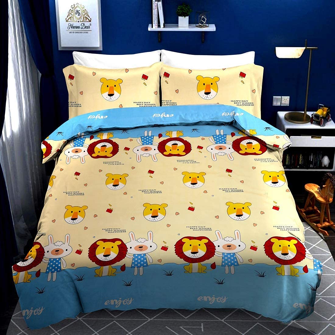 BOMBAY TWILLS 260 TC Super Heavy Glace Cotton Cartoon Printed Double Bed Bedsheet for Children Room with 2 Pillow Cover (90 x 100 Inch, Sky Colour)
