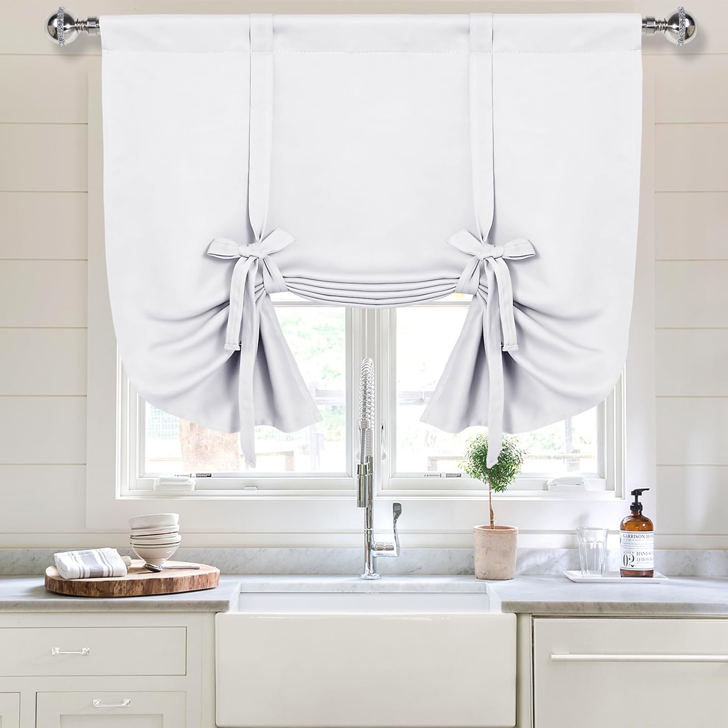 DWCN Blackout Curtains-Tie Up Shade for Window Thermal Insulated Room Darkening Rod Pocket Balloon Window Shade Curtains for Kitchen, Bathroom, Pure White, W34 X L45 Inches, 1 Panel