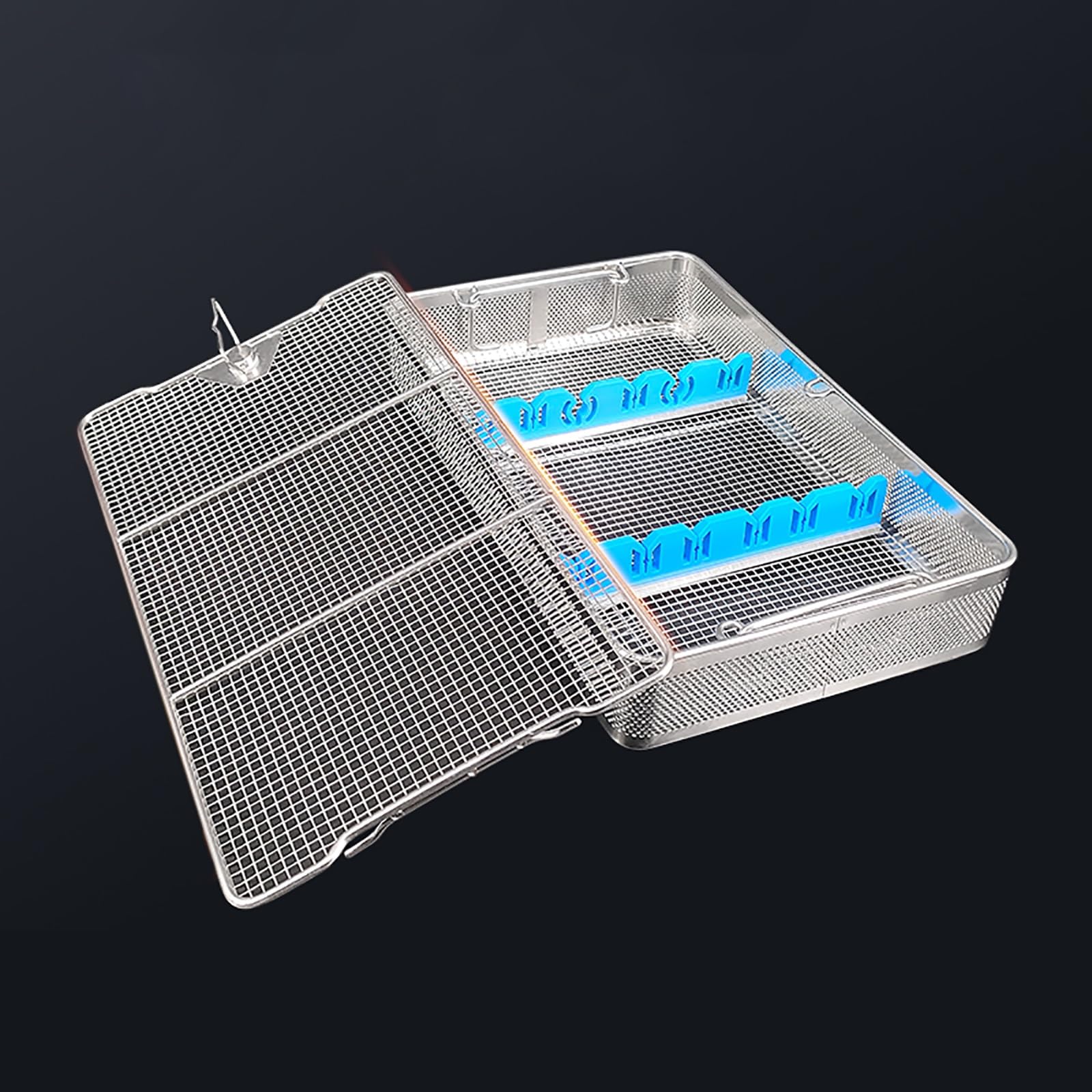 Cestas de acero inoxidable para equipos médicos con correas de silicona y cierres giratorios para laboratorios, hospitales y dentistas.(48x25x7cm/18.9x9.8x2.8in)
