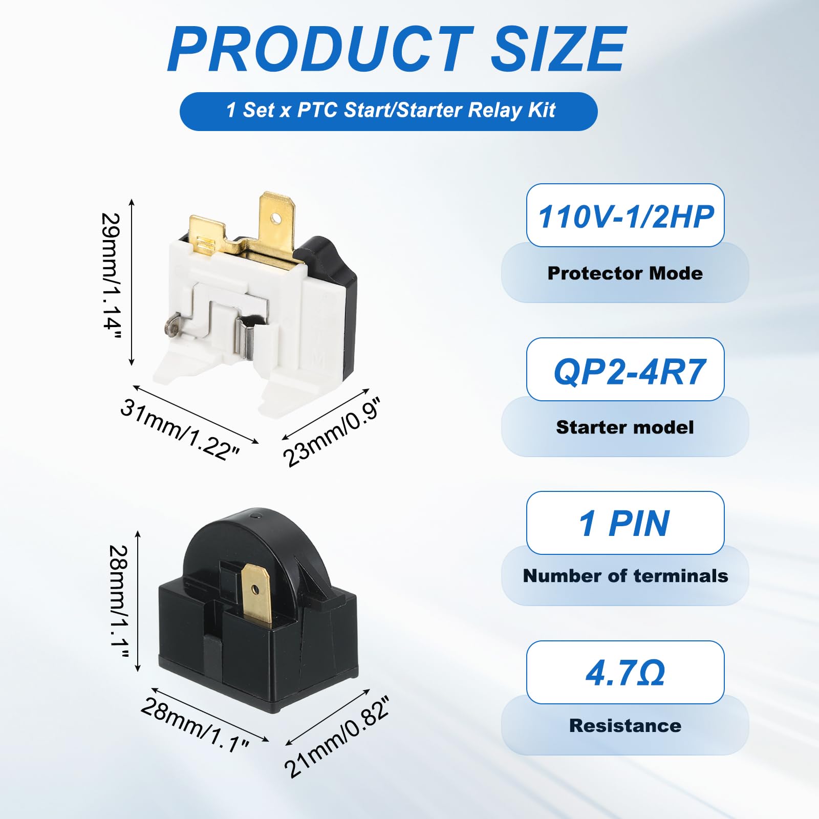 QUARKZMAN PTC przekaźnik rozruchowy do lodówki, 4,7 omów, 1 pin i 110V-1/2HP-Middle Terminal do zamrażarki, zabezpieczenie przed przeciążeniem do lodówki, kompresora