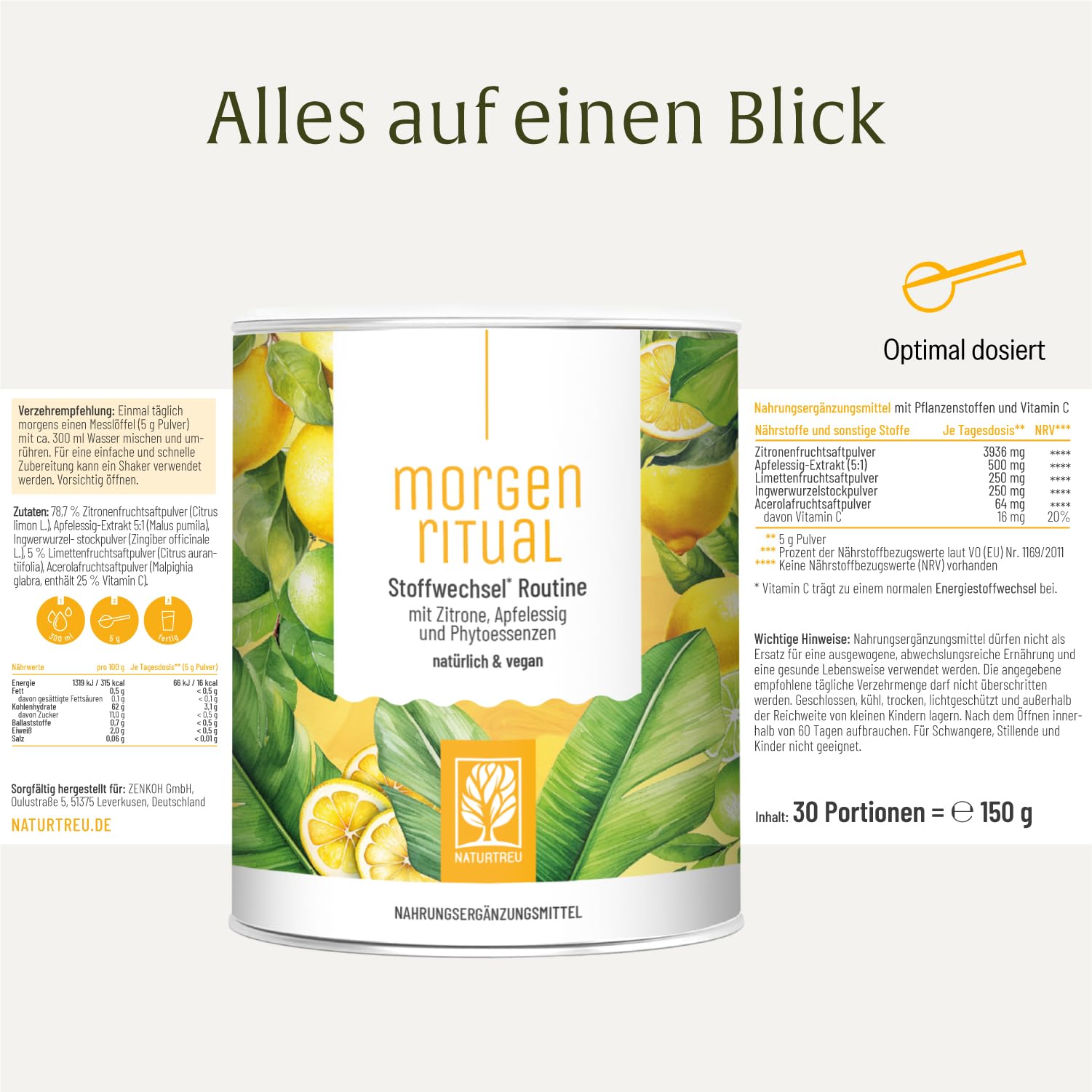 NATURTREU® 150 g Getränkepulver mit Zitrone, Apfelessig & Ingwer – Mit Vitamin C – Fruchtiger Drink für deine Morgenroutine – Vegan & ohne zugesetzten Zucker
