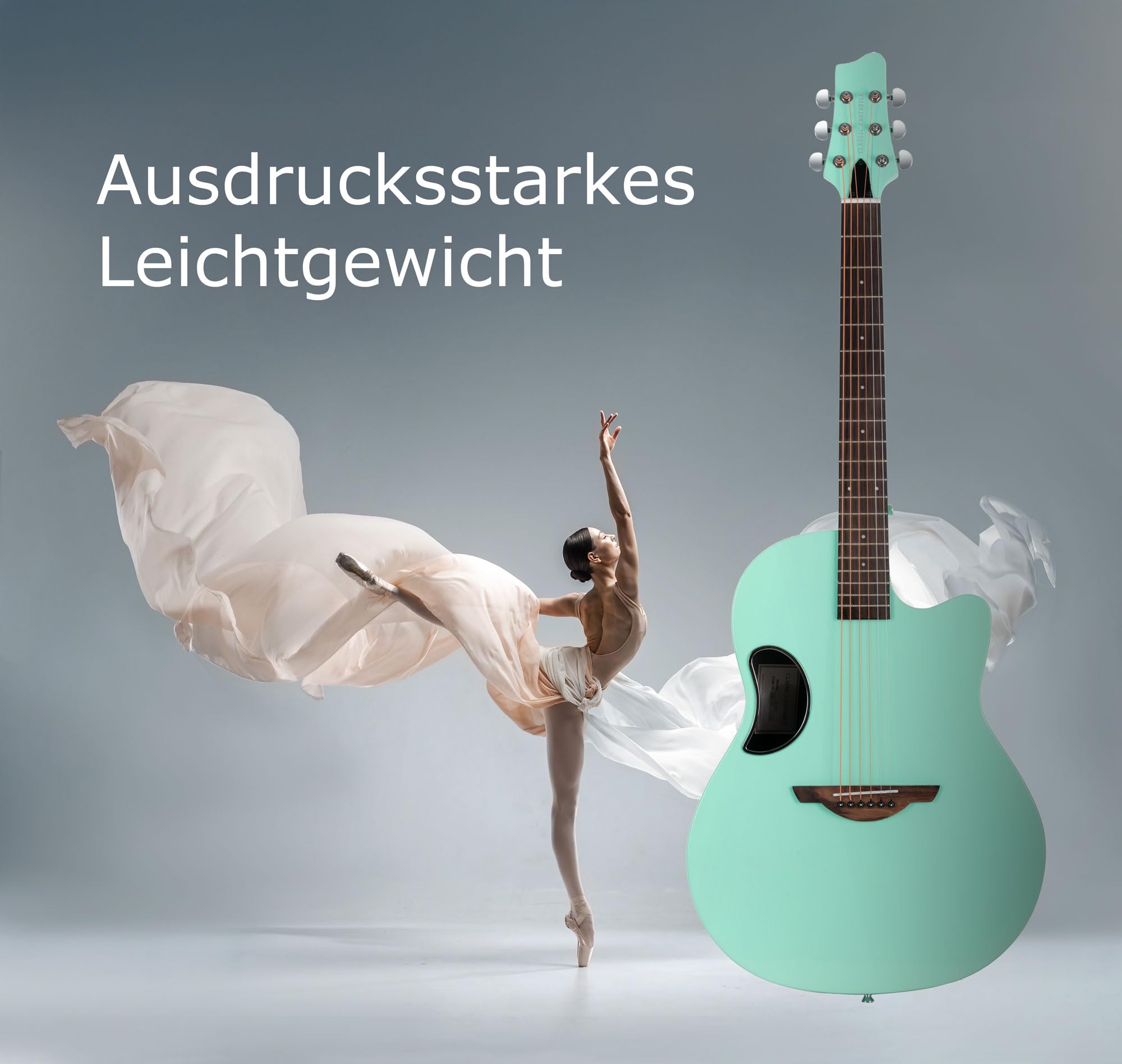 Classic Cantabile CS-100TQ Westerngitarre – Gitarre mit seitlichem Schallloch – Decke: massive Fichte, Boden & Zarge: Carbonfaser, Griffbrett/Hals: Technical Wood/Okoume – Akustik Gitarre in Türkis