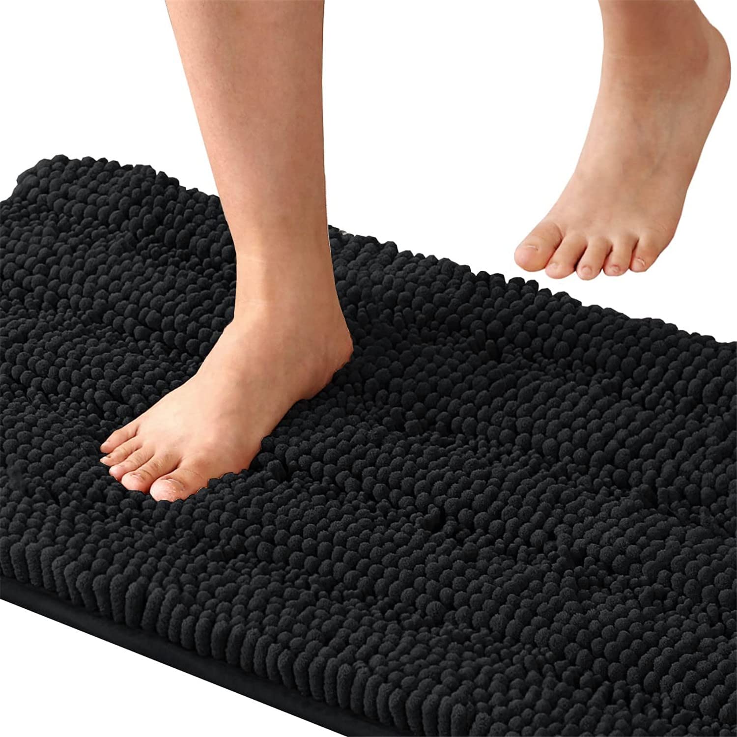 Tapis de bain antidérapant en chenille à poils longs doux pour chambre à coucher (noir 120 x 43 cm) – Parfait pour la salle de bain