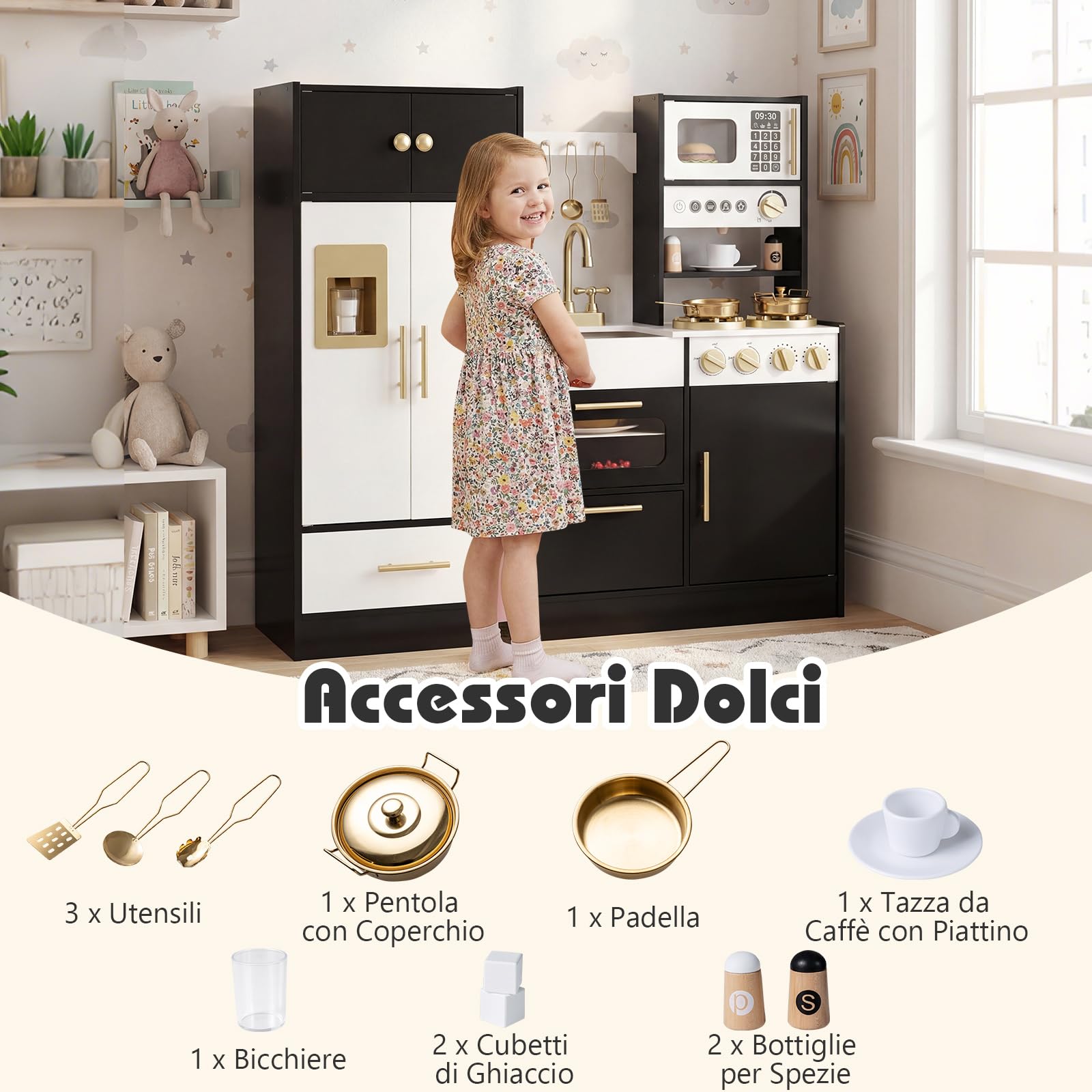 COSTWAY Cucina Giocattolo per Bambini, Set Cucinetta in Legno con Luci e Suoni Realistici, Fornelli, Lavello, Rubinetto, Forno, Microonde, Macchina del Caffè, Gioco di Finzione Chef per Bambini 3+