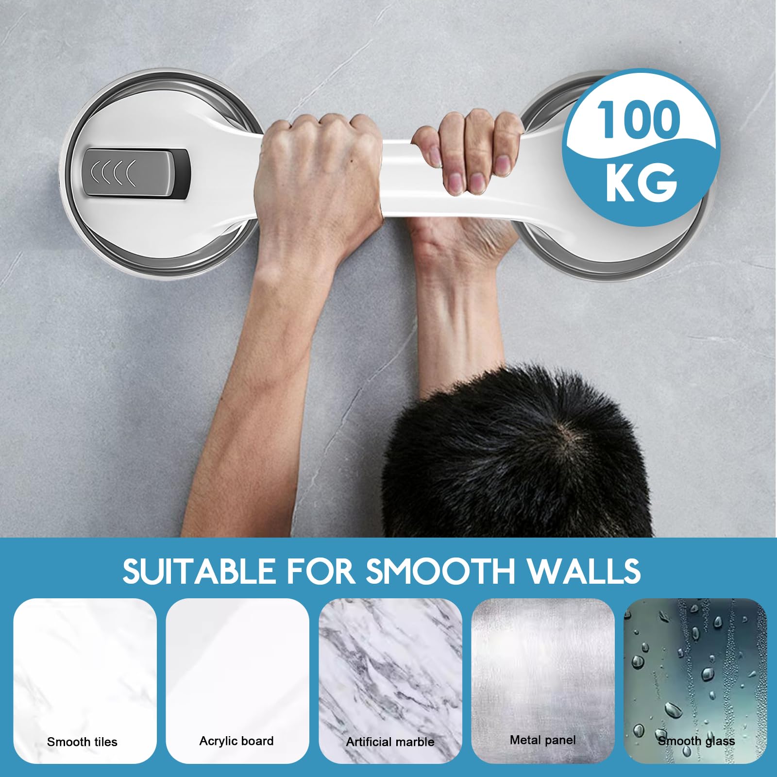Poignées pour Personnes Âgées Ventouse Forte - 2pcs Poignées de Sécurité Salle de Bain, 110 KG Poignée de Sécurité pour Salle De Bain, Support Levage et Fixation Banc Douche et Toilette, Gris