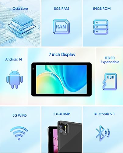 Miniatura 2 de PUTECCH Tablet Android 7 pulgadas Android 14 Tablets, 8GB RAM 64GB ROM 1TB Expand, procesador Octa-Core, 5G Wi-Fi 6, 2MP+8MP Dual Camera, 3500mAh